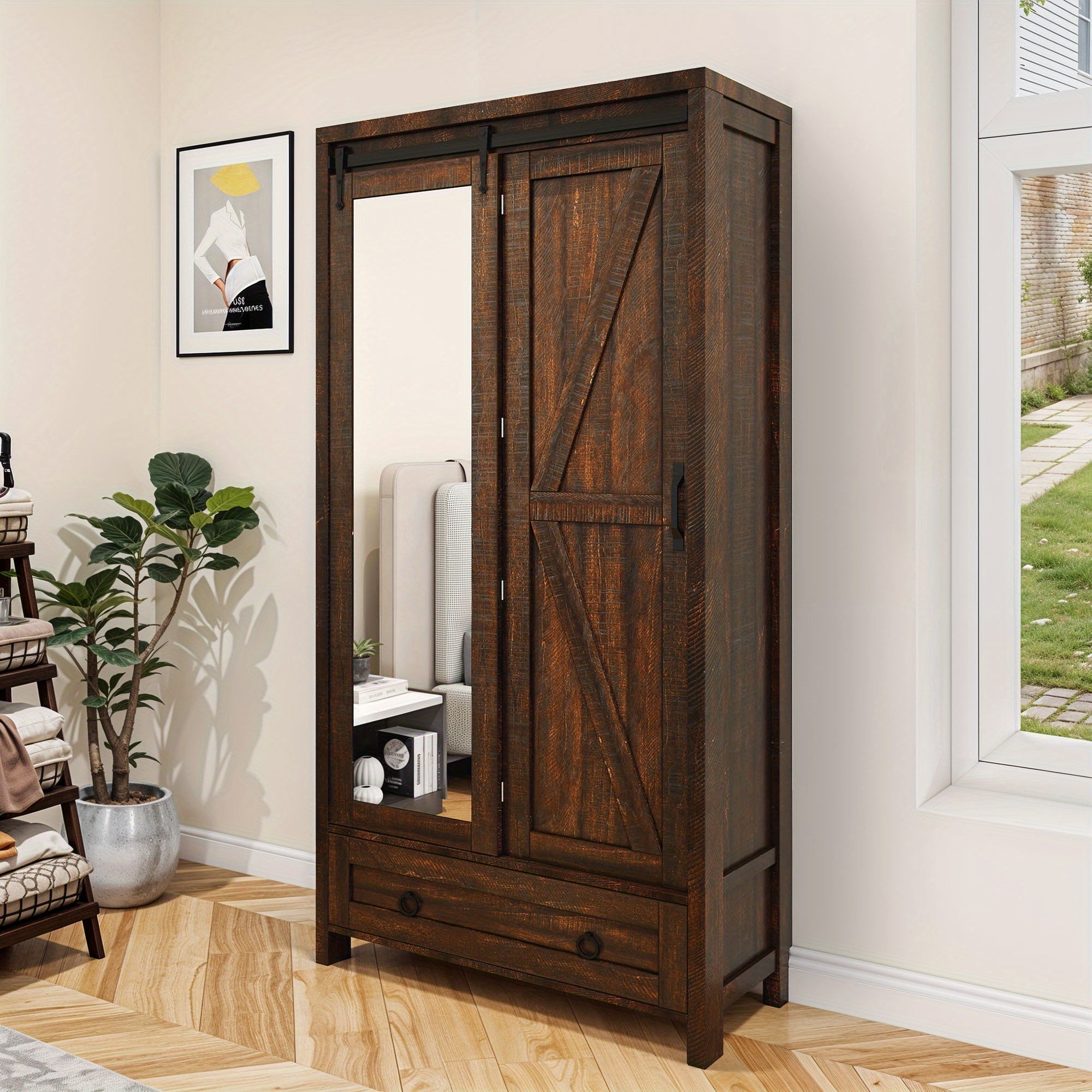 Rustic Farmhouse Tall Storage Cabinet with Full-Length Mirror - Brown, Engineered Wood, 4 Shelves, Perfect for Bathroom, Bedroom, Living Room, Home Office - Ideal Gift for Thanksgiving, Christmas, Halloween