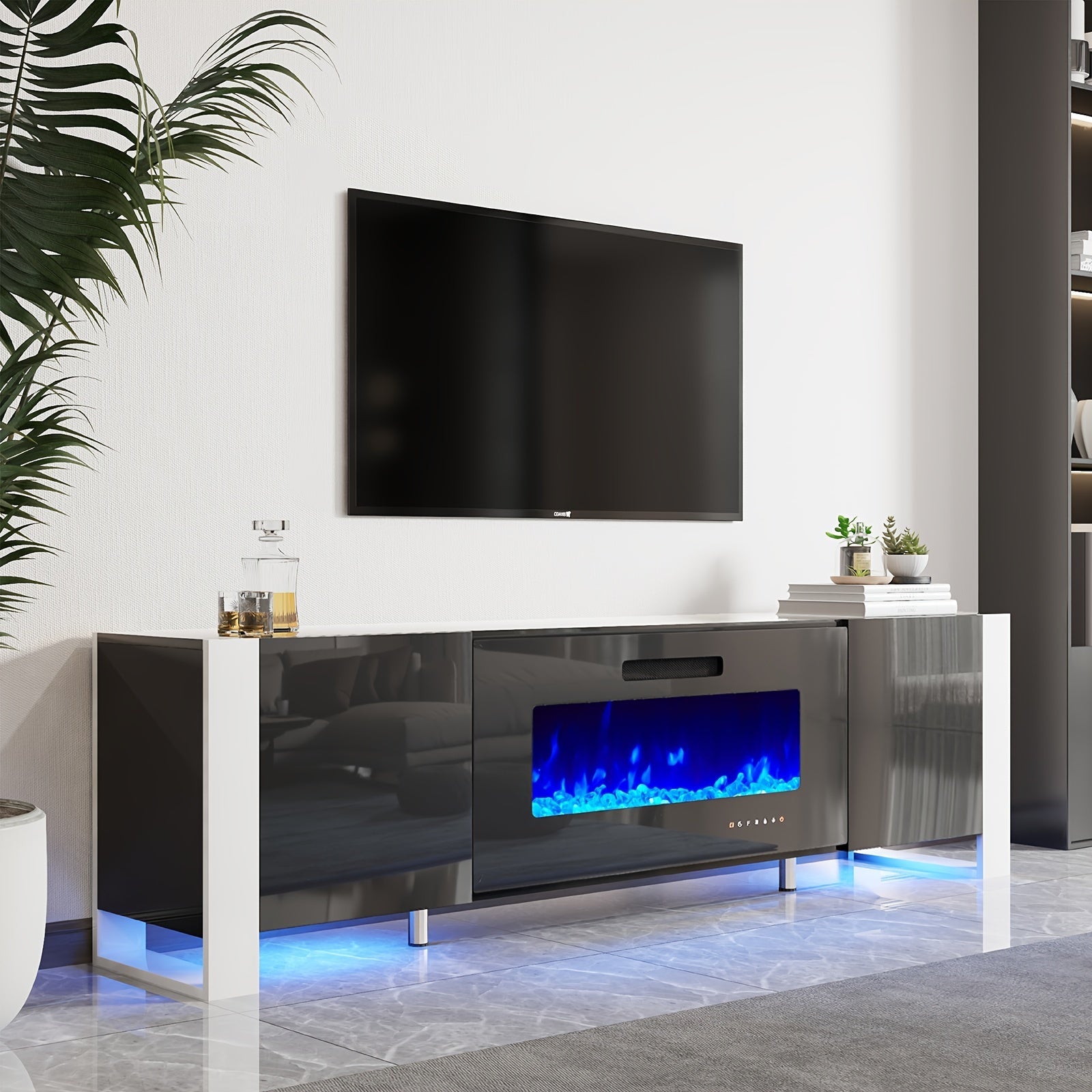 Fireplace TV Stand With Fireplaces, Modern High Gloss Entertainment Center LED Lights, U-Shaped Legs TV Console Cabinet For Living Room