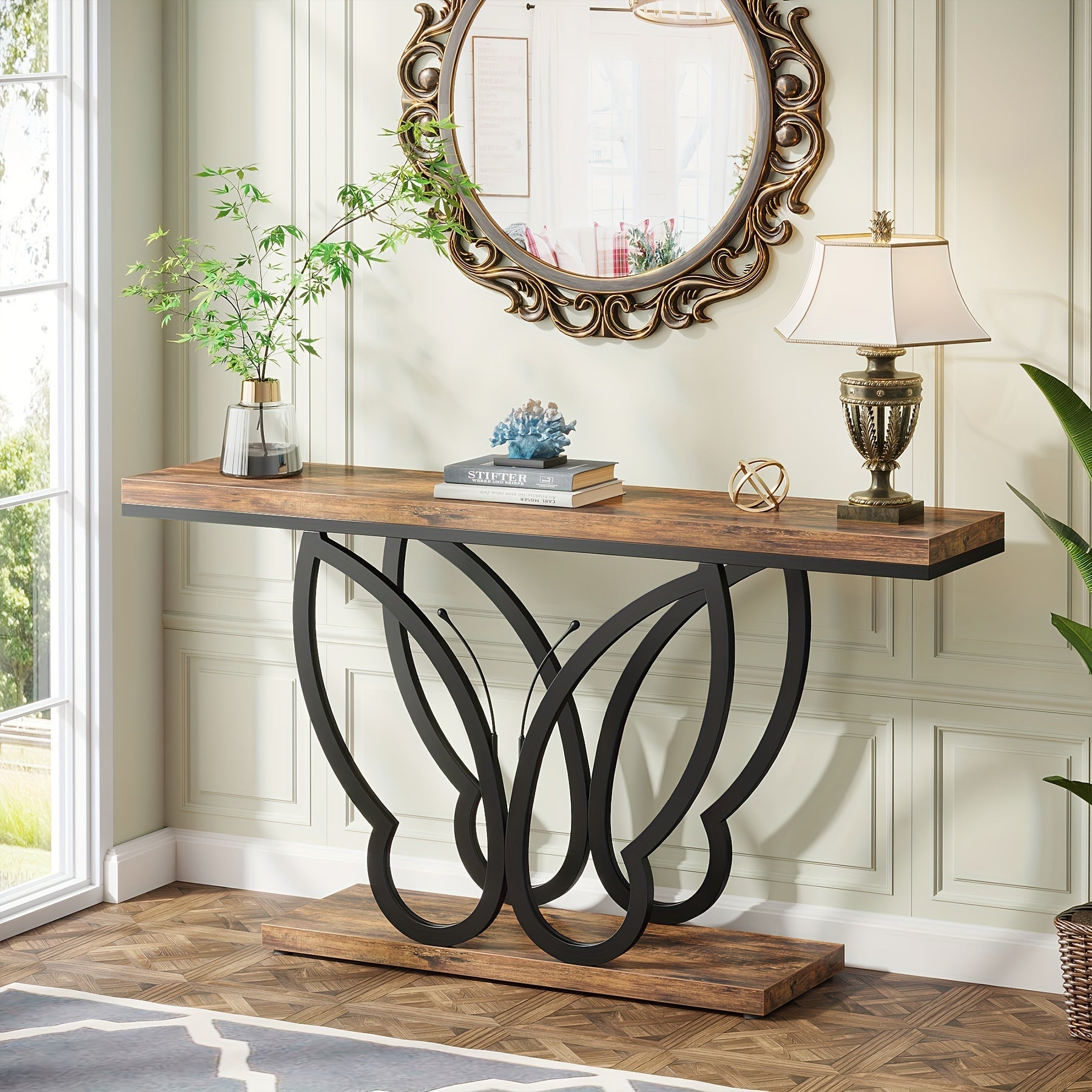 Chic 55-Inch Rustic Console Table with Butterfly Metal Frame - Farmhouse Style Wooden Sofa Table for Living Room, Hallway, Entryway - Durable & Weather-Resistant, Brown & Black