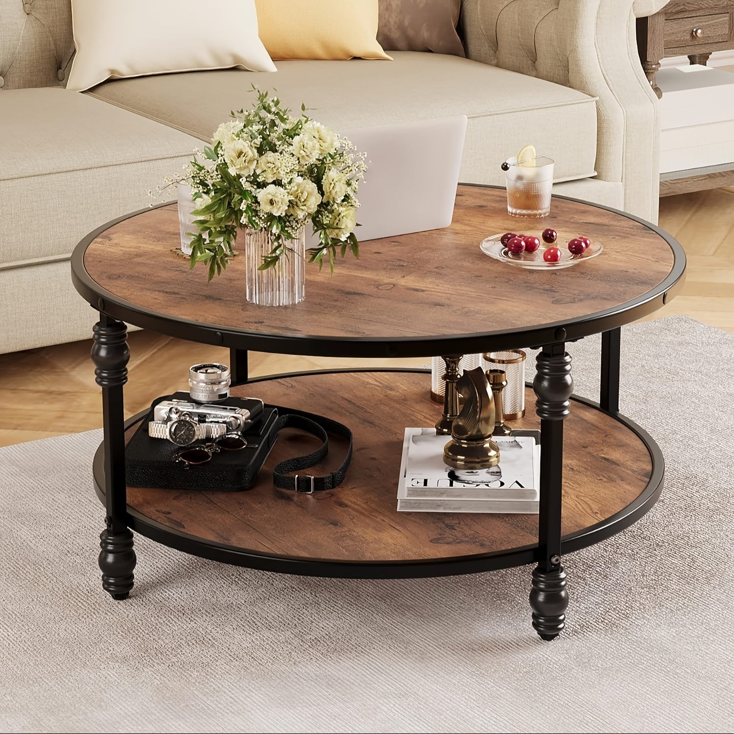 Round Coffee Table with StorageRustic Wtyle Solid Wood Coffee Table with Sturdy Metal LegsEasy to AssembleWooden Round Center Table Living Room Furniture