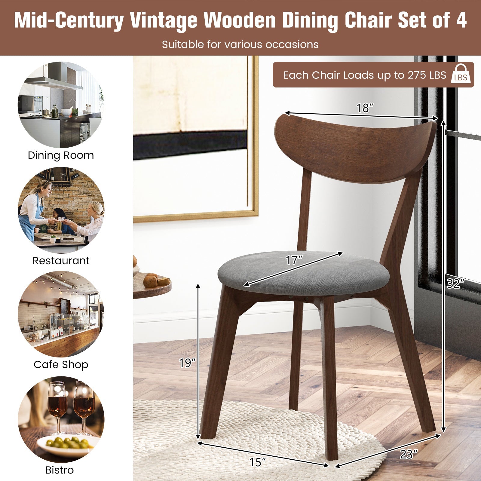 2pcs Dining Chair Upholstered Curved Back Side Chair with Solid Wooden Legs.