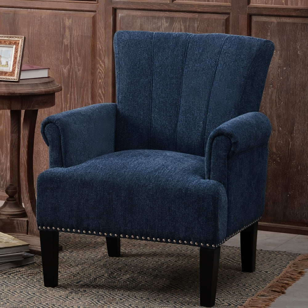 1pc Navy Blue Tufted Accent Armchair - Solid Wood Frame, Polyester Upholstery, Foam Padding, Rivet-Trimmed, Non-Adjustable, Dry Clean Only, Ideal for Hard Floors - Stylish Comfortable Chair