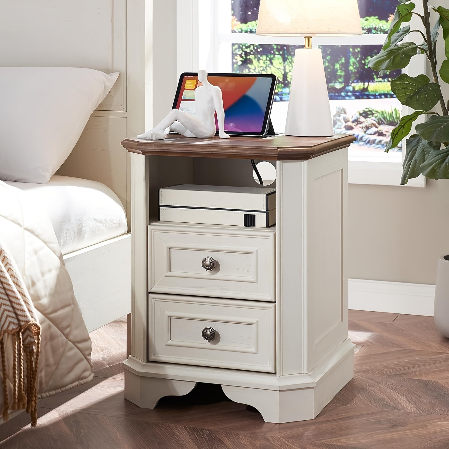 Farmhouse Nightstand with Charging Station, 18" End Table with 2 Drawers, Wood Side Table, Bedside Cabinet for Bedroom, Living Room