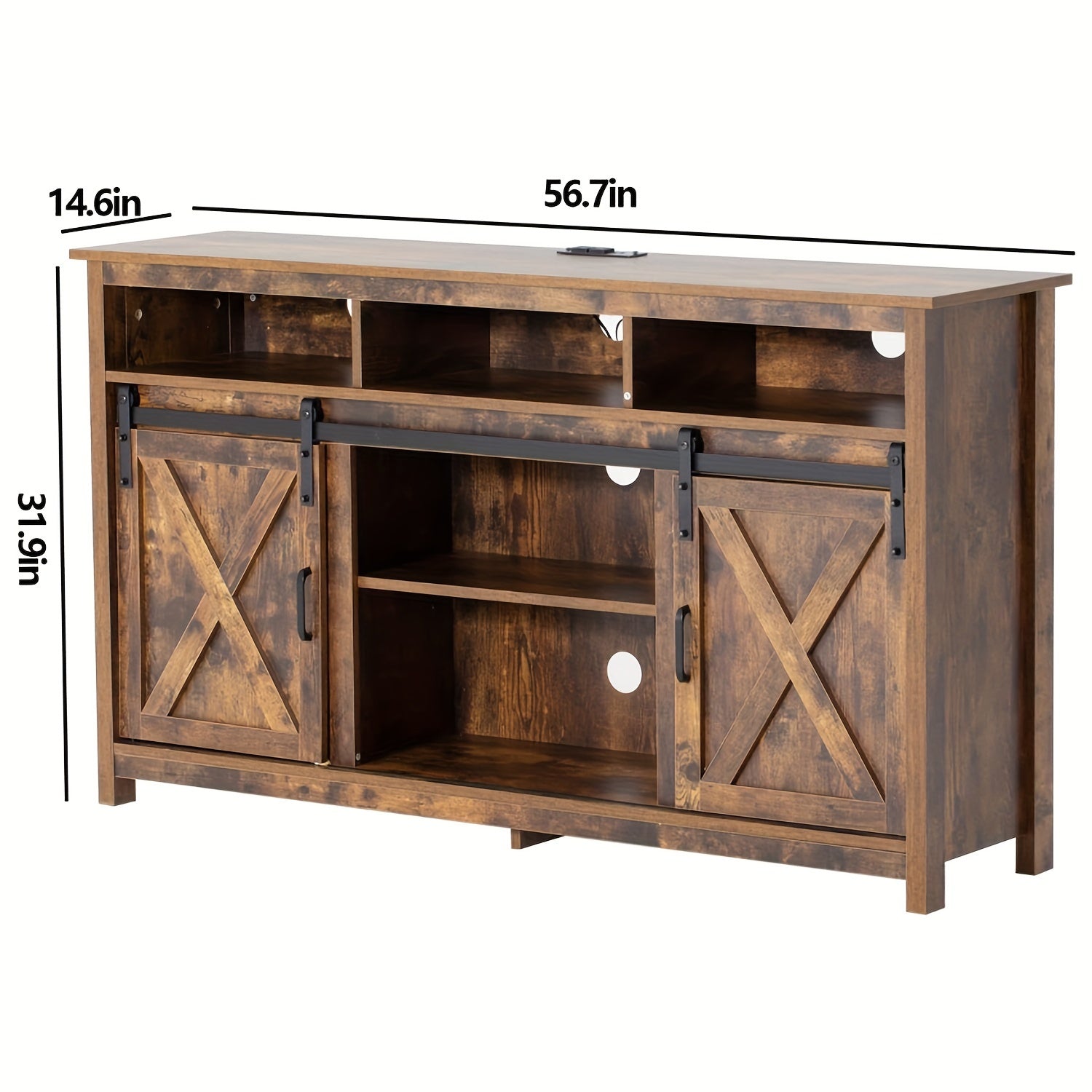 57" Wooden Farmhouse TV Stand For 60 65 Inch TV, Double Layer Storage Entertainment Center TV Console Table With Double-Row Sockets And 2 Sliding Barn Door, Media Cable Box