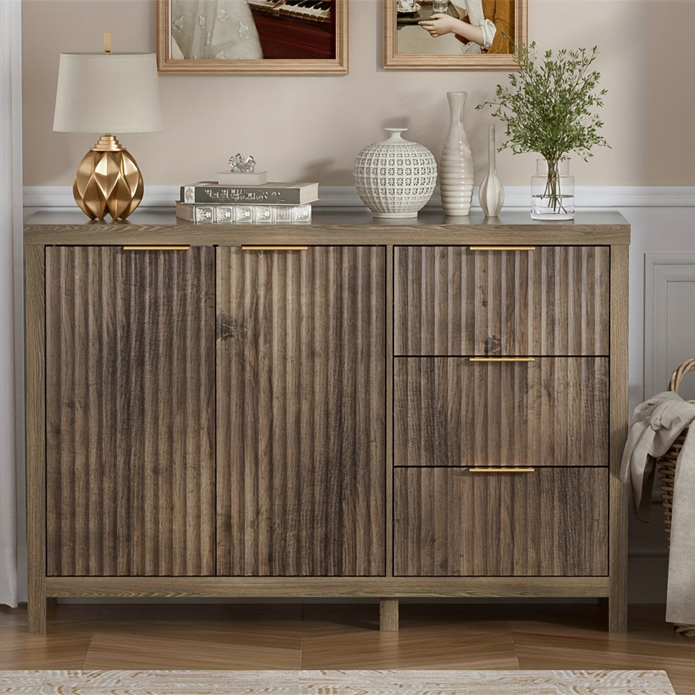 Fluted Drawers CabinetDresser Dresser TV Stand With 3 Drawers And Shelves Rectangular Design For Bedroom Living Room