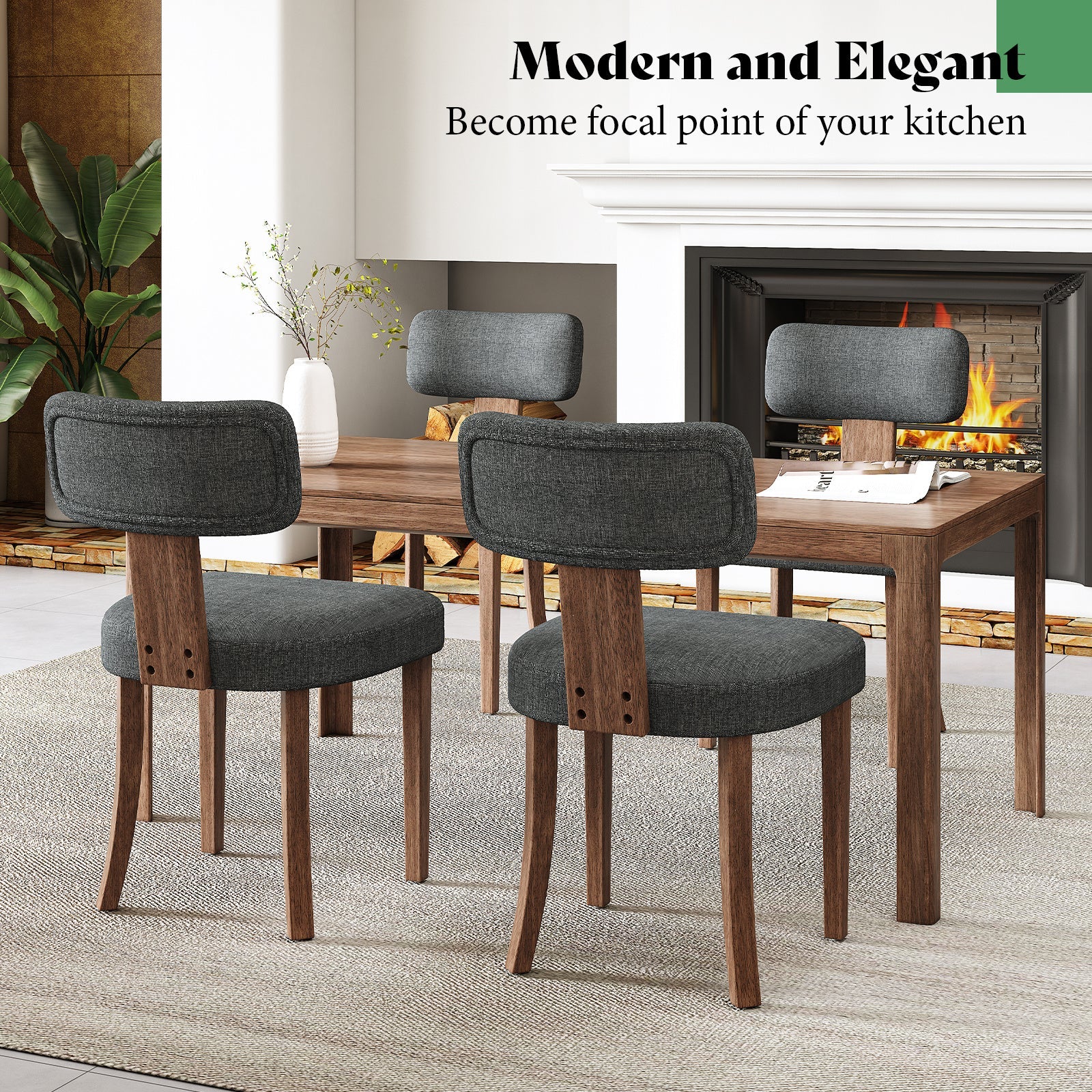 Modern Linen Dining Kitchen Chairs with Upholstered Curved Backrest & Seat, Chairs for Dining Table, Hardwood Frame