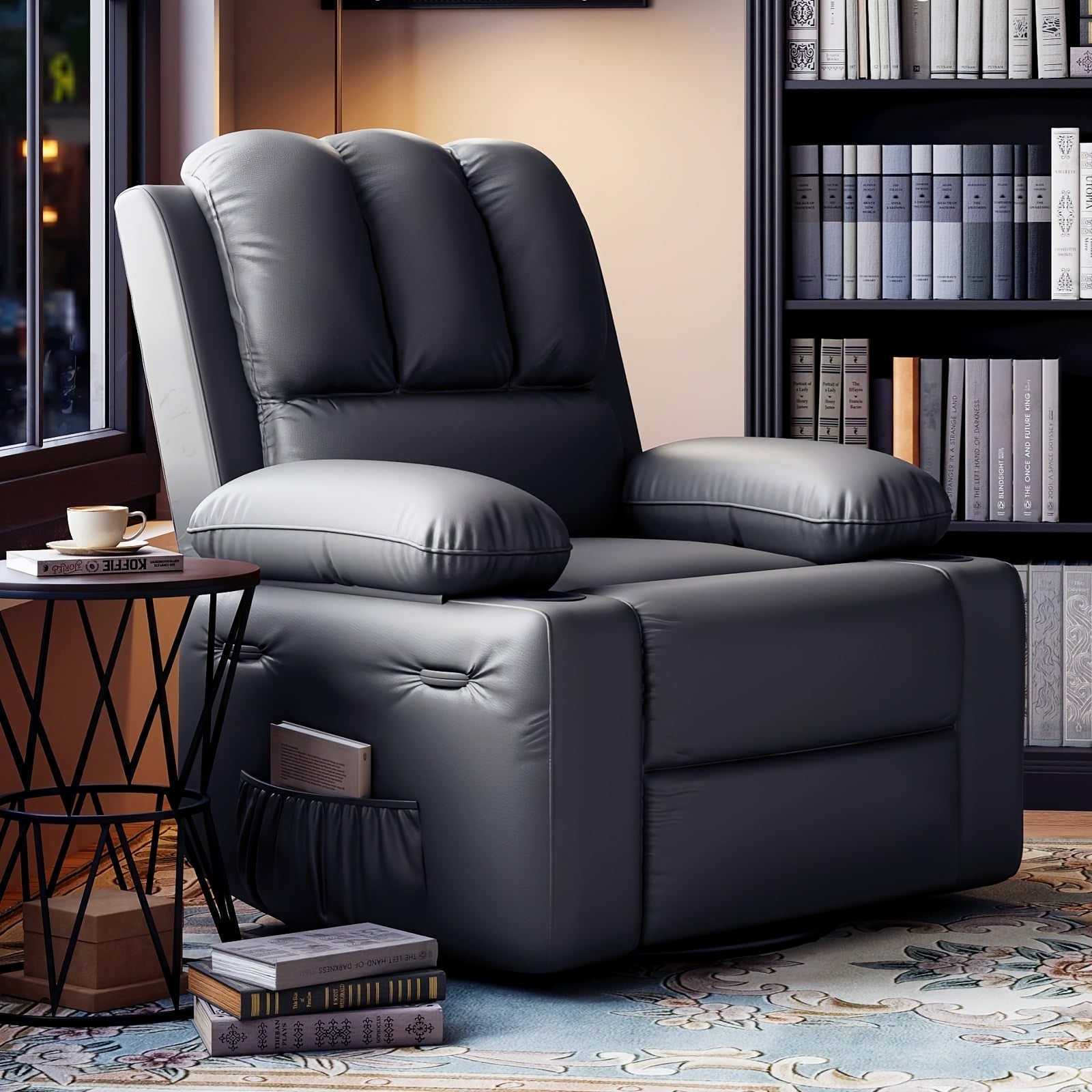 22'' Recliner Chair with Cup Holder - Easy Assembly, Retractable Armrests, Durable Faux Leather, Ideal for Living Room & Bedroom, Chair for Living Room