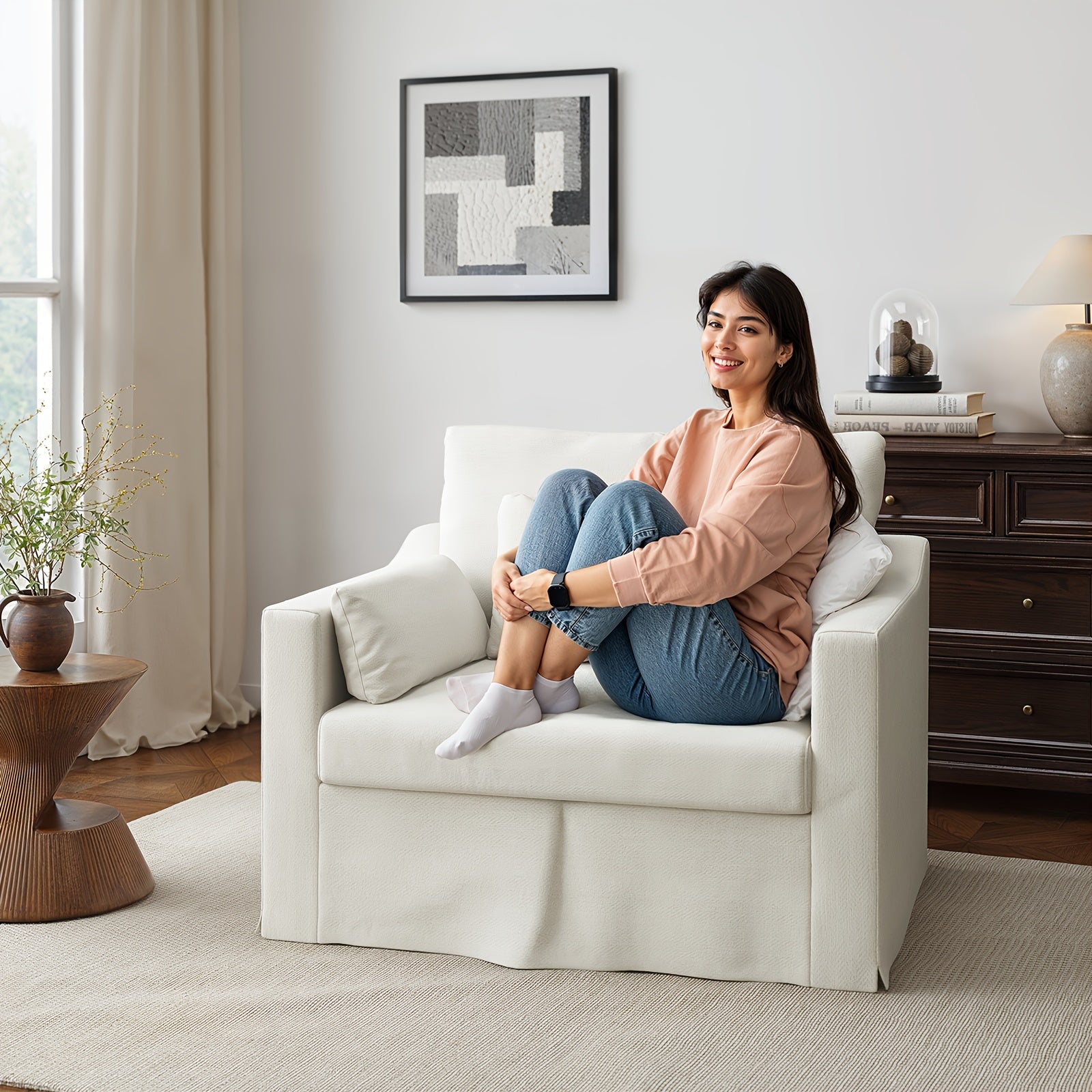 Elegant Modern Oversized Accent Chair, 42" Wide - White Slipcover Sofa with 3 Accent Pillows, Deep-Seated Armchair with Pocket Spring Cushion, Slanted Arms - Ideal for Living Room Elegance, Living Room Furniture