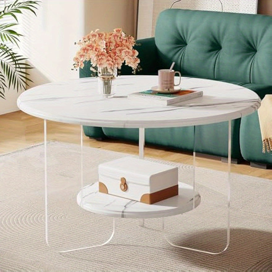 2-Tier Round Coffee Table with Acrylic Frame and High-Gloss Faux Marble White Top, 31.5" Modern Center Table with Storage, Circle Center Cocktail Table for Living Room, Reception Room