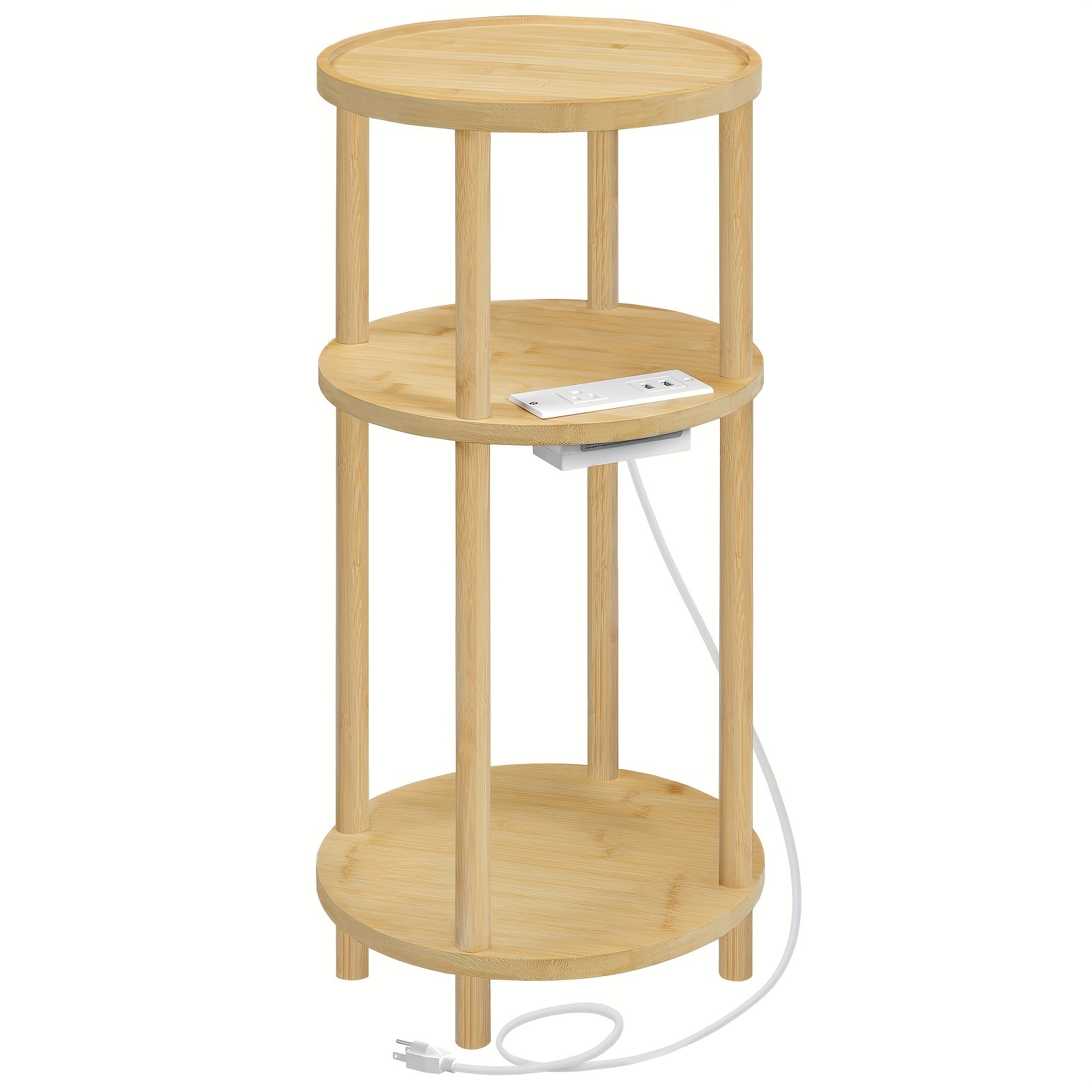 Mall Round Side Table with Charging Station, 3-Tier Round Bamboo End Table, Compact Sofa Bedside Table for Small Space, Easy Assembly, for Living Room, Bedroom, Apartment, Natural