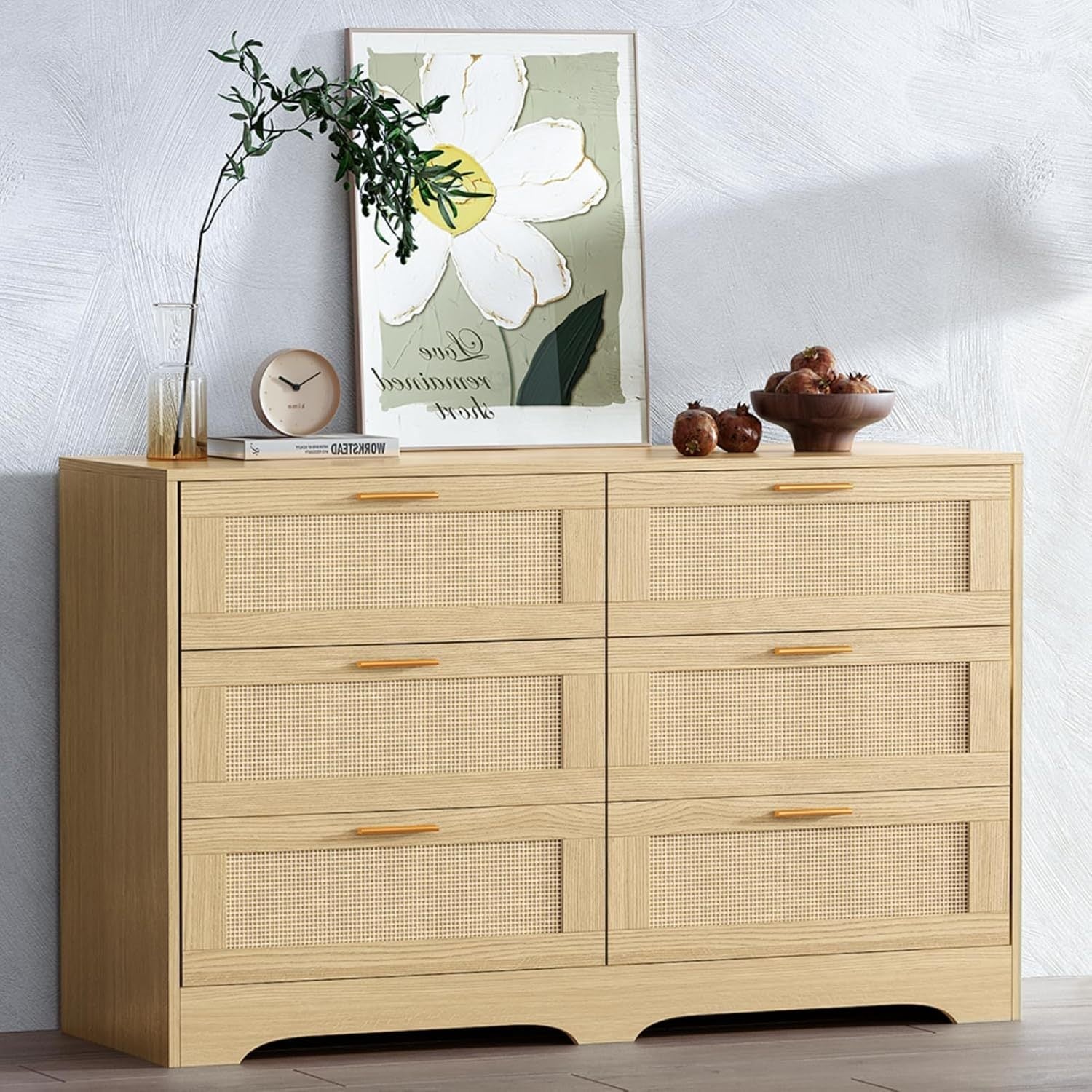 Natural Rattan Dresser for Bedroom, 6 Drawer Rattan Dresser with Gold Handles 30" Tall Double Dresser 40" Wide Wood Storage Closet Dressers Chest of Drawers for Bedroom, Living Room, Hallway