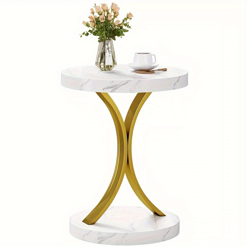 Contemporary Gold Side Table with Faux Marble Tabletop for Living Space