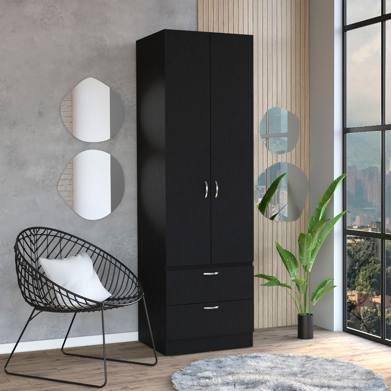 Metal Construction| Elegant 76" High Black Metal Armoire Wardrobe with Double Doors, Drawers, Shelf & Rod - Modern Bedroom Clothes Storage & Organization Solution, Includes Decorative Elements, Clothes Organization|Minimalist