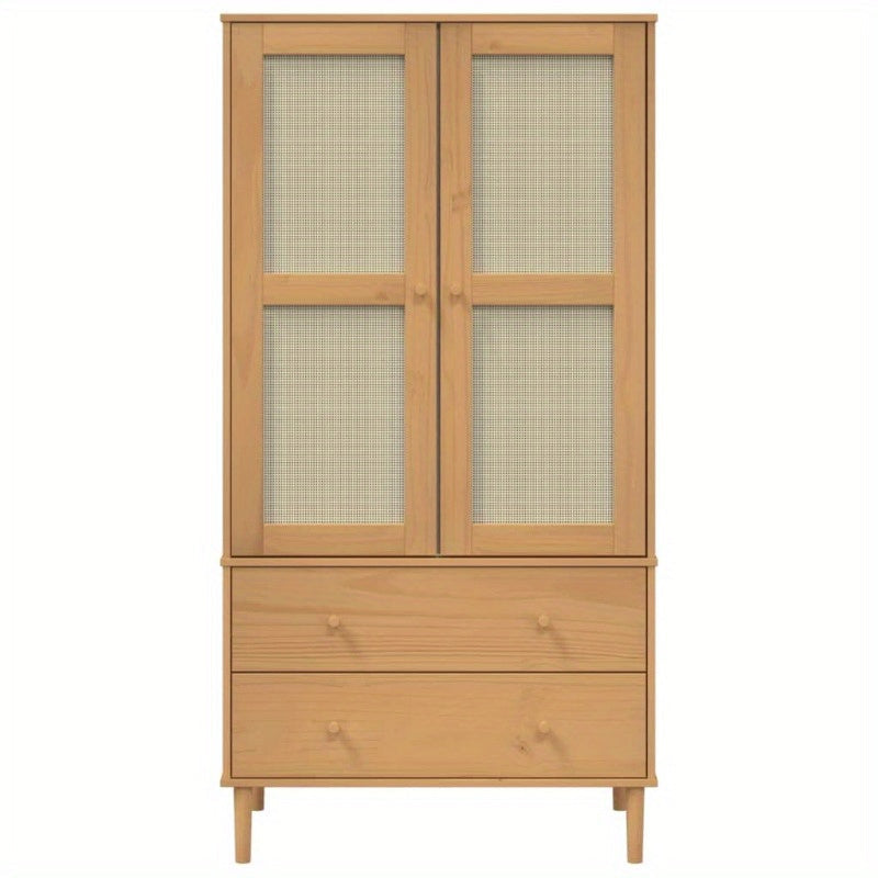 Wardrobe Rattan Look Brown 35.4"x21.7"x68.9" Solid Wood Pine, provides ample storage space, door surface is handcrafted cane