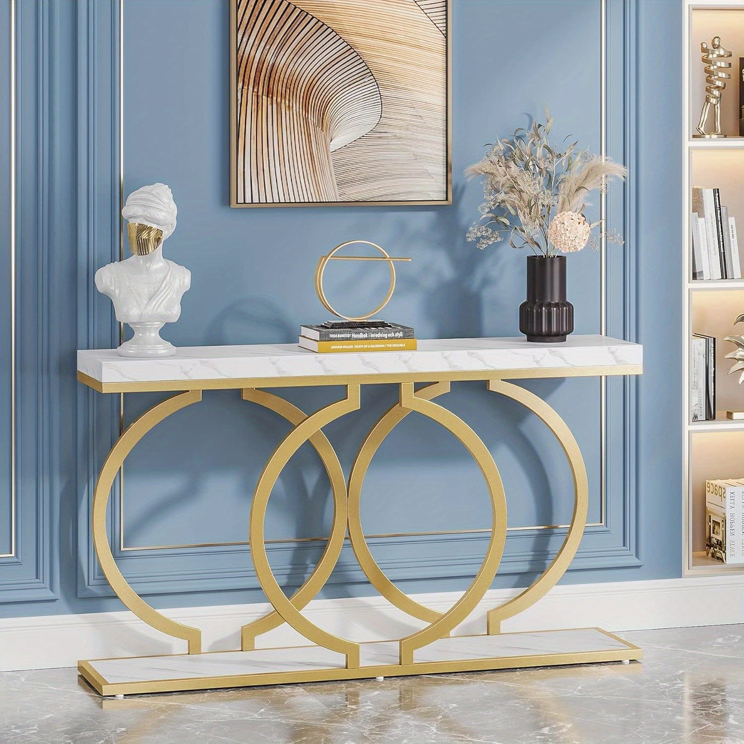 Golden Console Table, 55 inch Faux Marble Entryway Table Narrow Long Sofa Table, Modern Accent Table for Living Room, Entrance Table Geometric Metal Frame