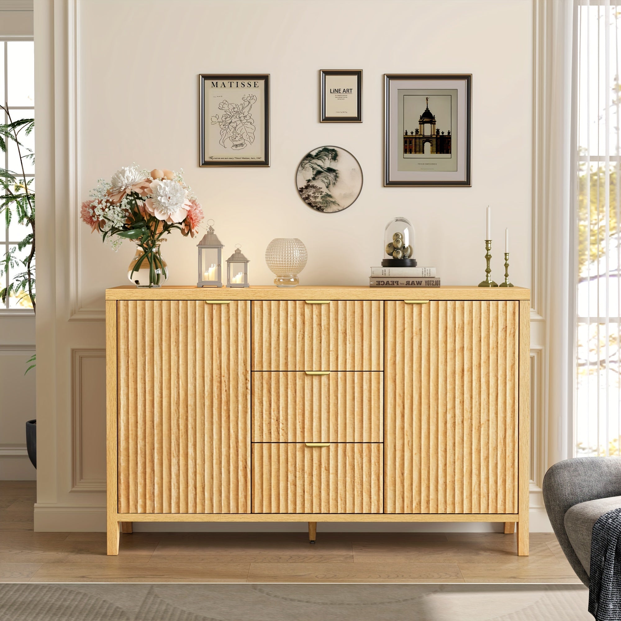 Buffet Cabinet With Storage, Fluted Storage Cabinet Large Sideboard Cabinet With 3 Drawers And Adjustable Shelf, Accent Cabinet Credenza For Kitchen, Living Room, Hallway