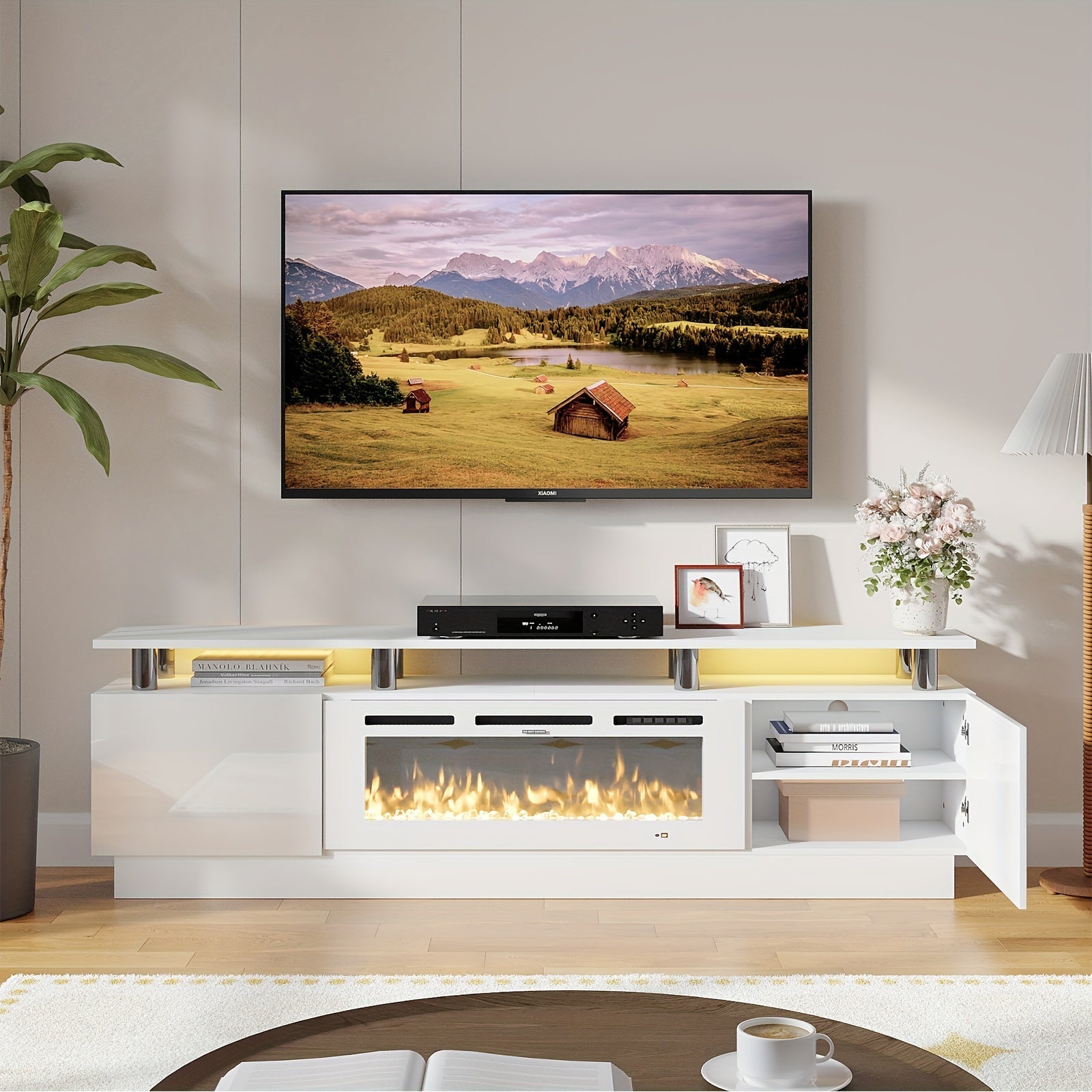 Fireplace TV Stand With 91cm Fireplace Modern High Gloss Fireplace Entertainment Center LED Lights TV Console Cabinet