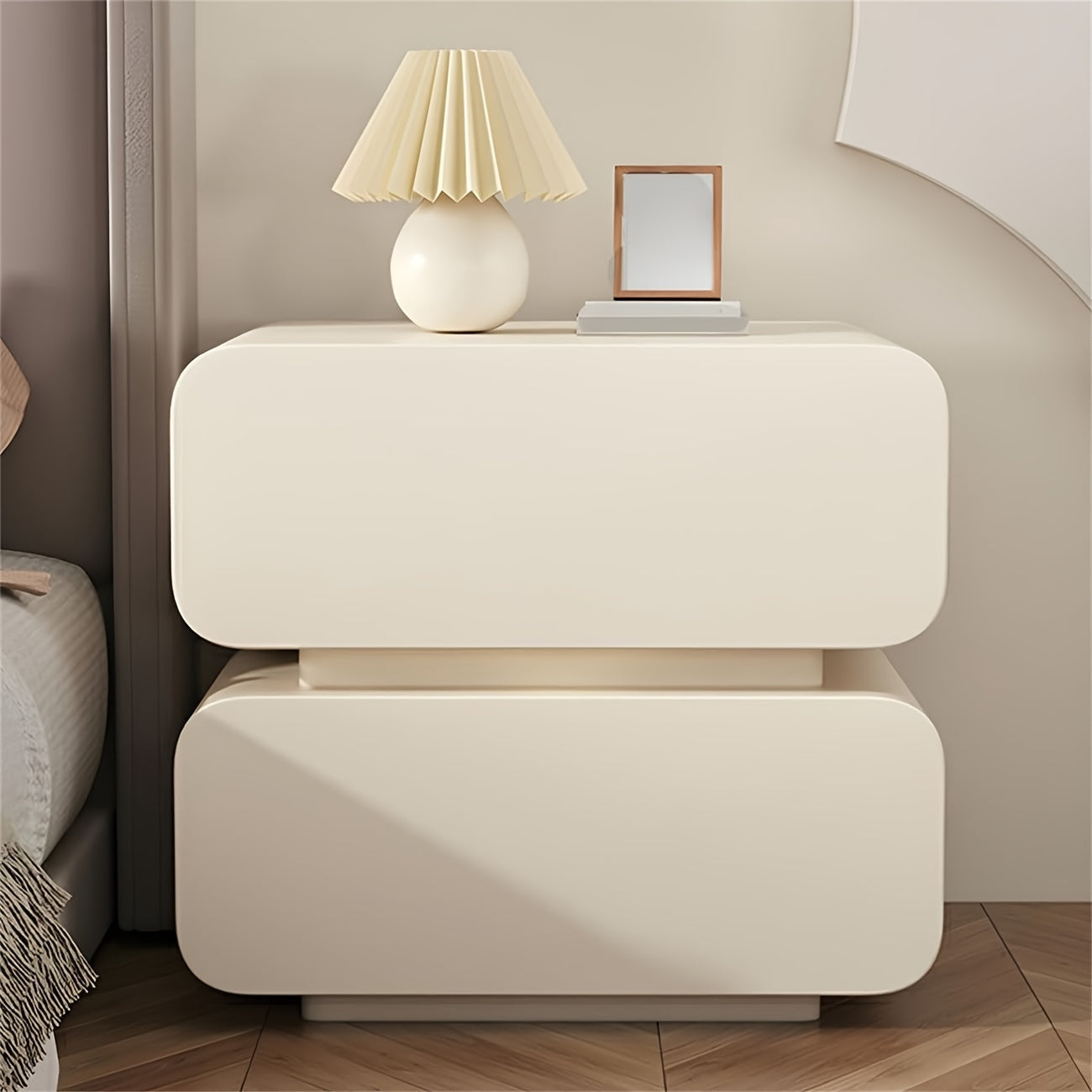 Wooden Nightstand Modern Bedside Table Elegant Bedroom Side Table With 2 Storage Drawers For Bedroom Living Room, Off-White