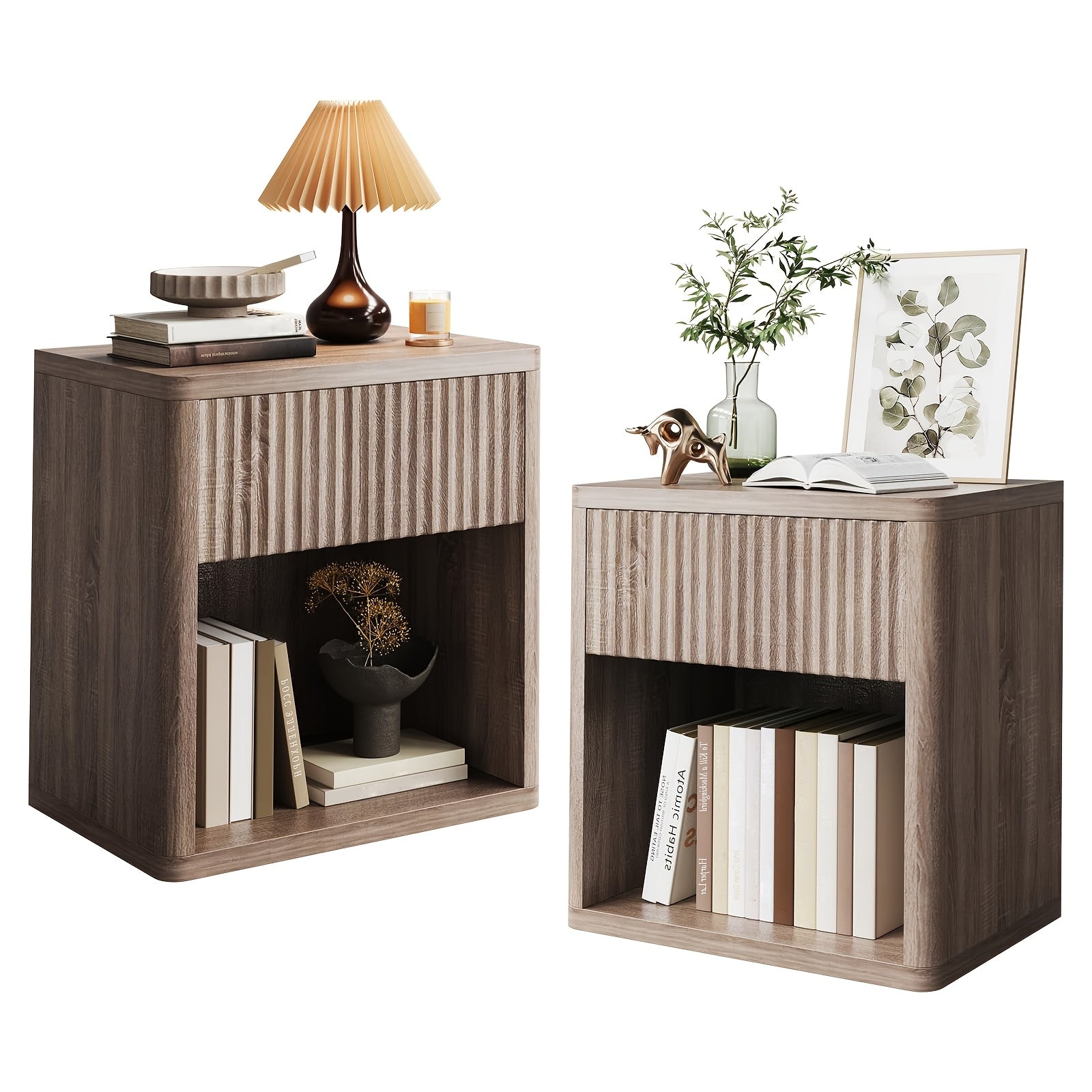 Modern Nightstands Set Of 2 Fluted End Table with Drawer Sofa Side Table for Small Spaces Wooden Bedside Table