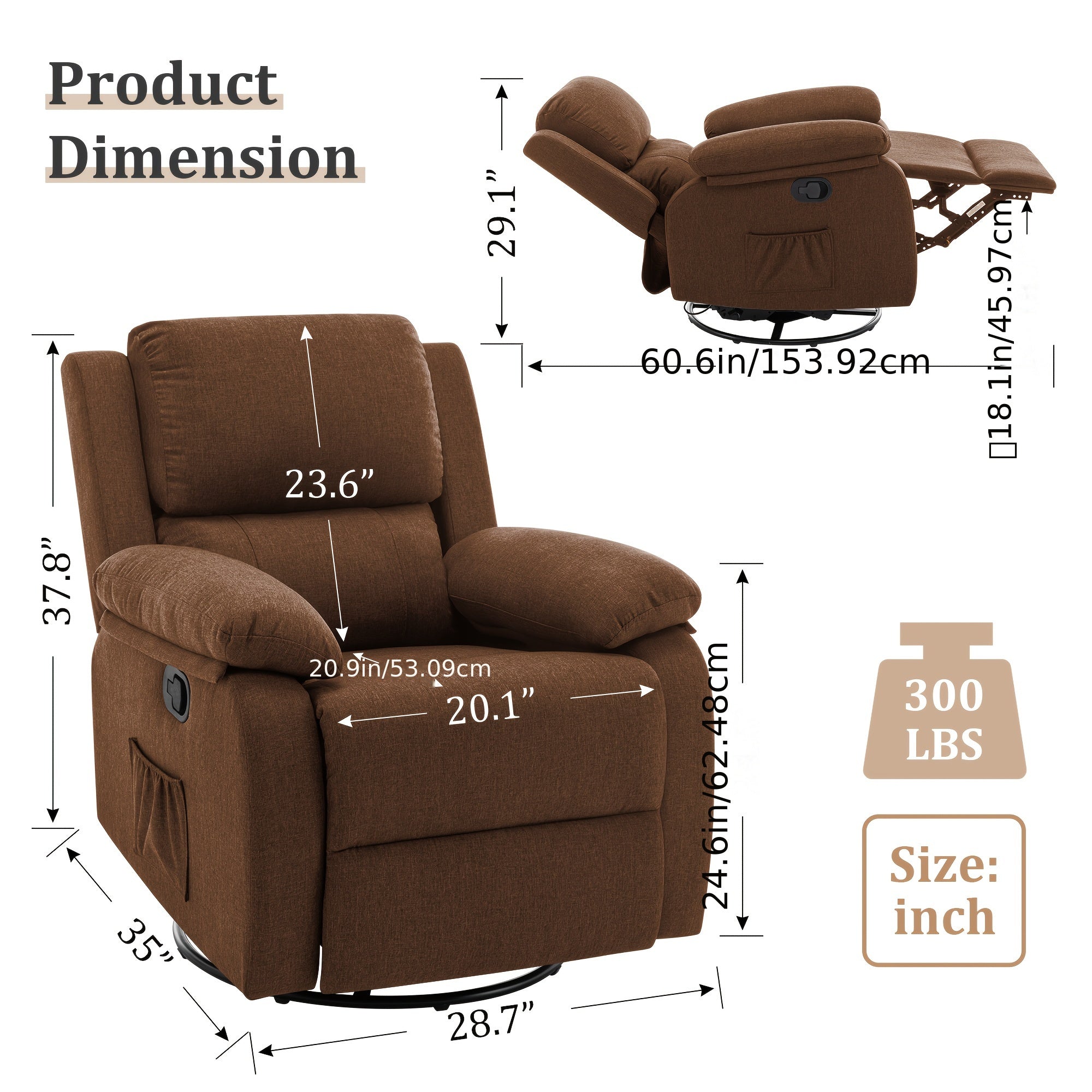 Recliner Chair, 360 Swivel Rocker Chair for Adults, Small Rocking Recliner Chair for Small Spaces, Upholstered Fabric Glider Recliner Chair with Side Pockets for Living Room