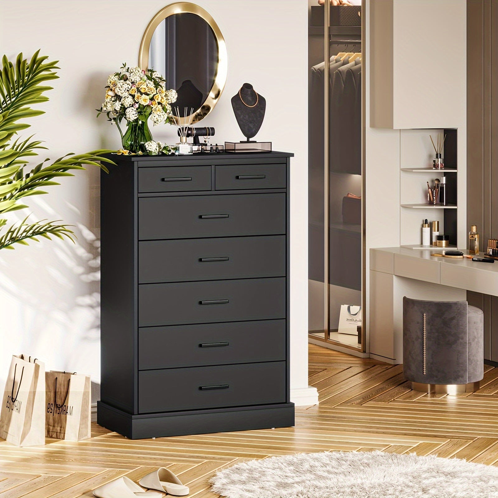 44'' Tall Dresser With 7 Drawers For Bedroom, Storage Tower Clothes Organizer, Large Chest Of Drawers With Sturdy Pedestal, 27.6'' W X 15.8'' D X 44.1'' H (Black/White)