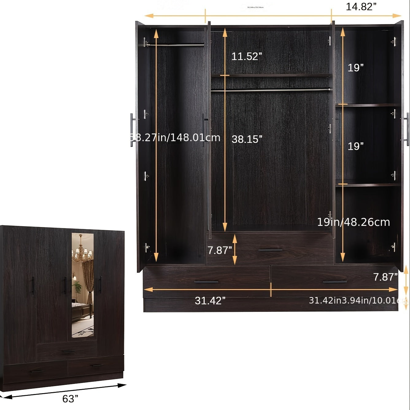 Wardrobe Closet With Doors- 4 Door Wood Wardrobe Bedroom Closet With Clothing Rod Inside Cabinet, 3 Drawers For Storage And Mirror, Bedroom Armoire Wardrobe Closet