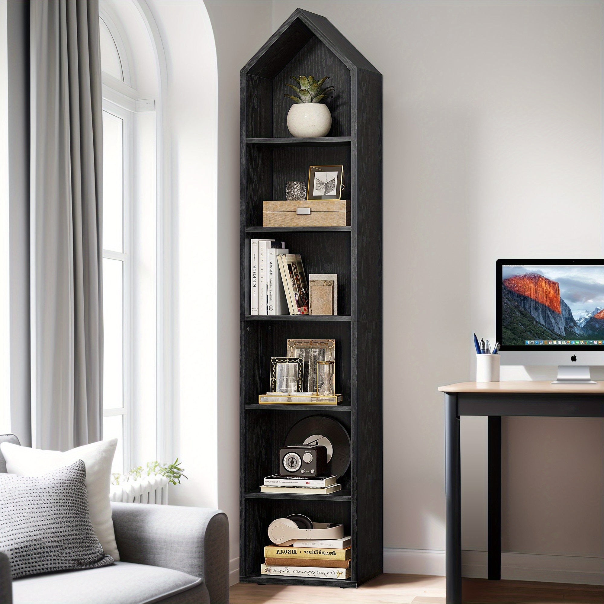 Modern 6- Cube Bookshelf with Adjustable Shelves for Flexible Organization - Embossed black wood panel - Bookshelf
