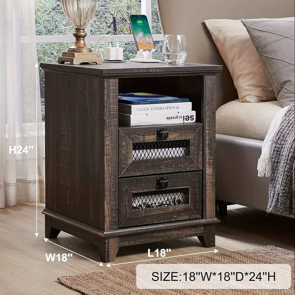 Nightstand With Charging Station, OKD 18'' Industrial & Farmhouse End Table With 2 Drawers & Open Cubby, Rustic Mesh Drawer Sofa Side Table W/Storage For Bedroom, Living Room, Office