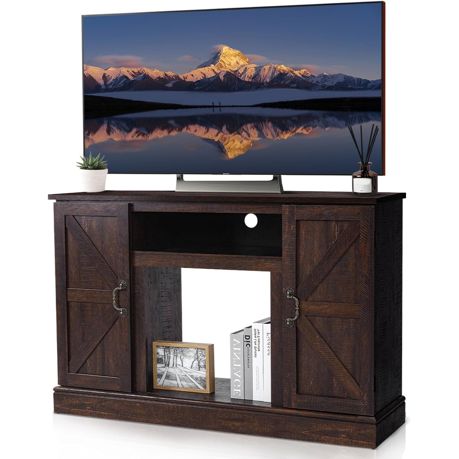 47" TV Stand Suitable For TV Size up to 65", Entertainment Center with Two Barn Doors and Storage Cabinet, Media TV Console Table for Living Room