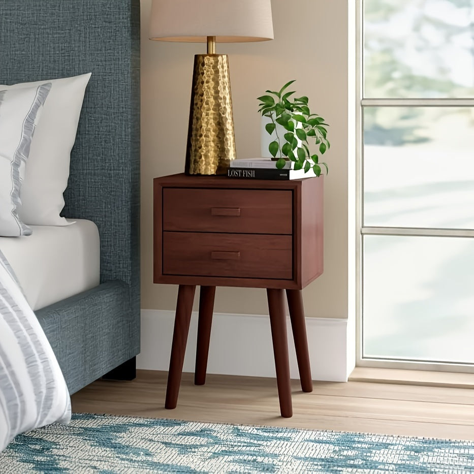 Solid Wood Nightstand Mid-Century Modern Bedside Table with 2 Storage Drawer Small Solid Wood Frame Side End Table for Bedroom Living Room