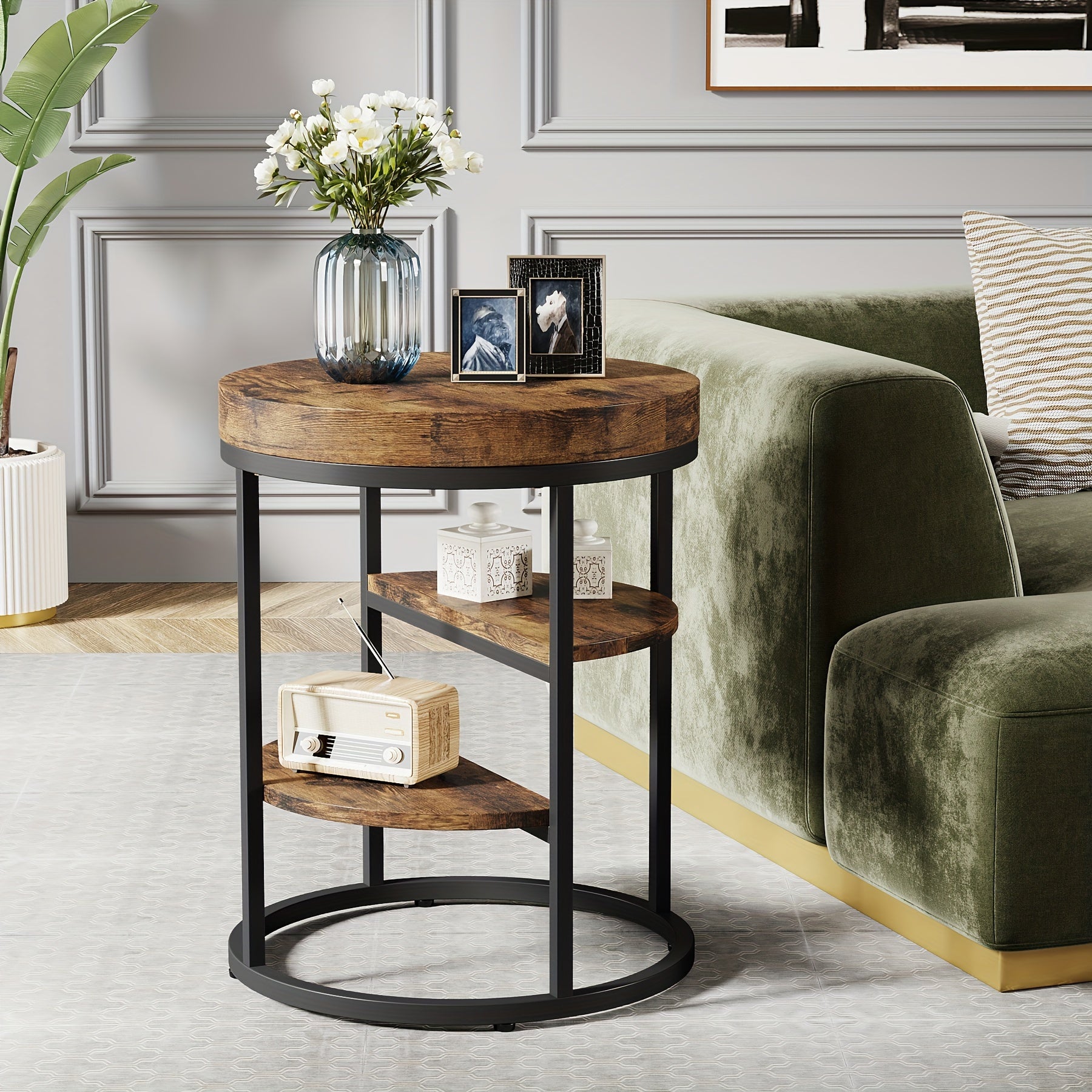 Round End Table, Small End Table with 3 Storage Shelves, Wood Side Table for Small Spaces, Industrial Sofa Side Table for Home Office