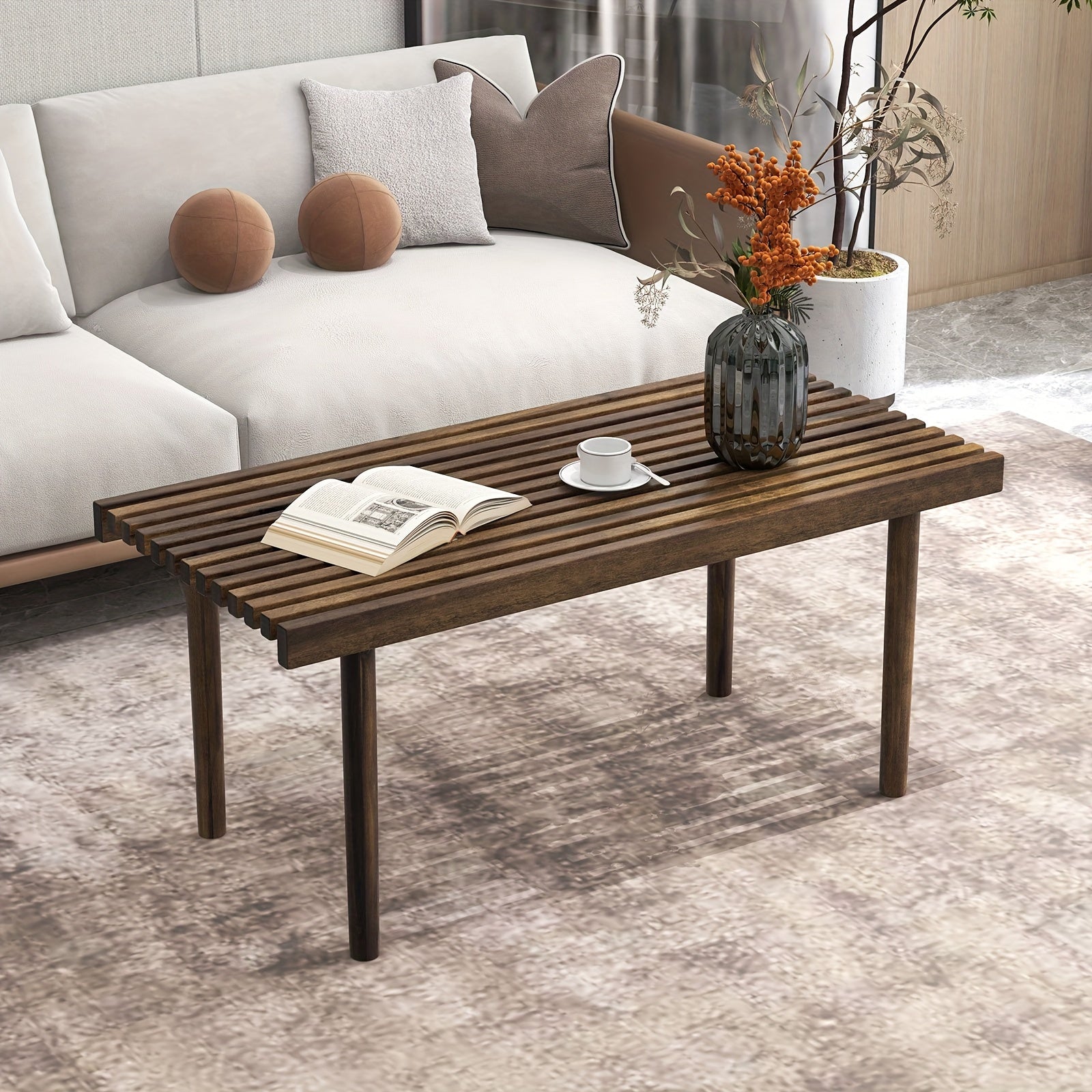 1pc 40 Inch Coffee Table, Wood Rectangle Cocktail Tea Table, Slatted Tabletop, Brown