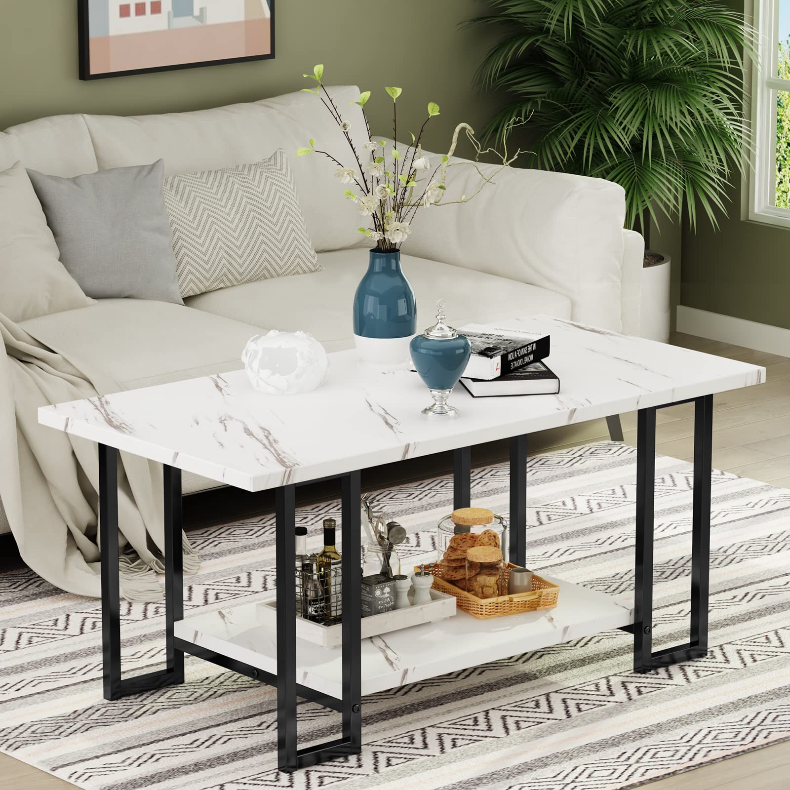 Modern Marble Coffee Table with 101cm Artificial Stone Rectangular Top, Metal Frame, Double Design, Multi-Color Option for Living Room, Office and Balcony