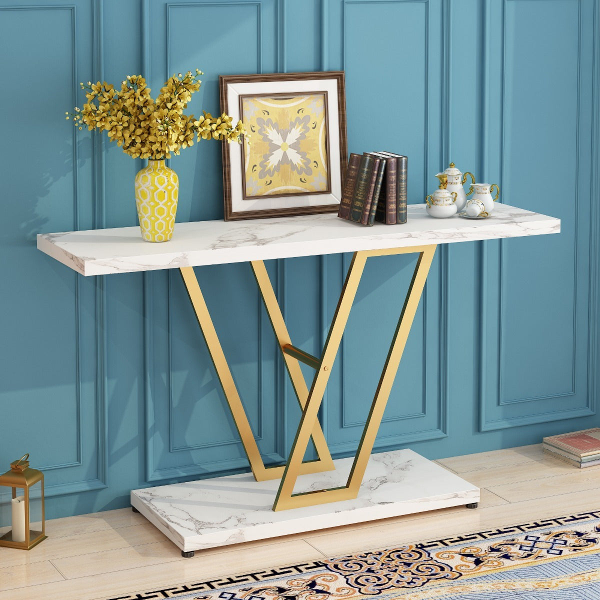 Console Table: 42-Inch Industrial Entryway Table for Living Room - Narrow Sofa Table with Sturdy Metal Frame, Easy Assembly in Elegant Golden/ White - Perfect for Holiday Decor and Creating a Warm, Welcoming Entrance This Sea