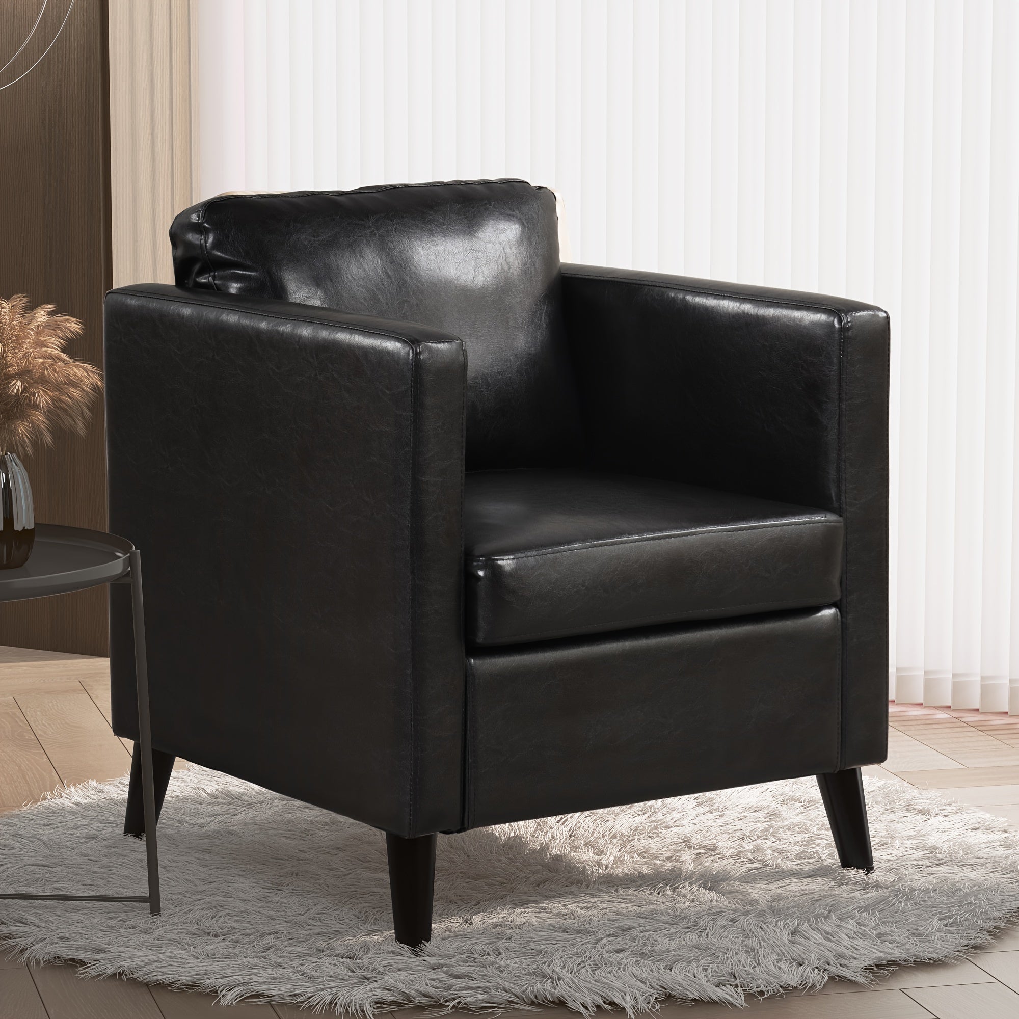 PU Leather Arm Chair Modern Accent Chair With Wood Legs, Single Sofa Chair For Living Room, Office