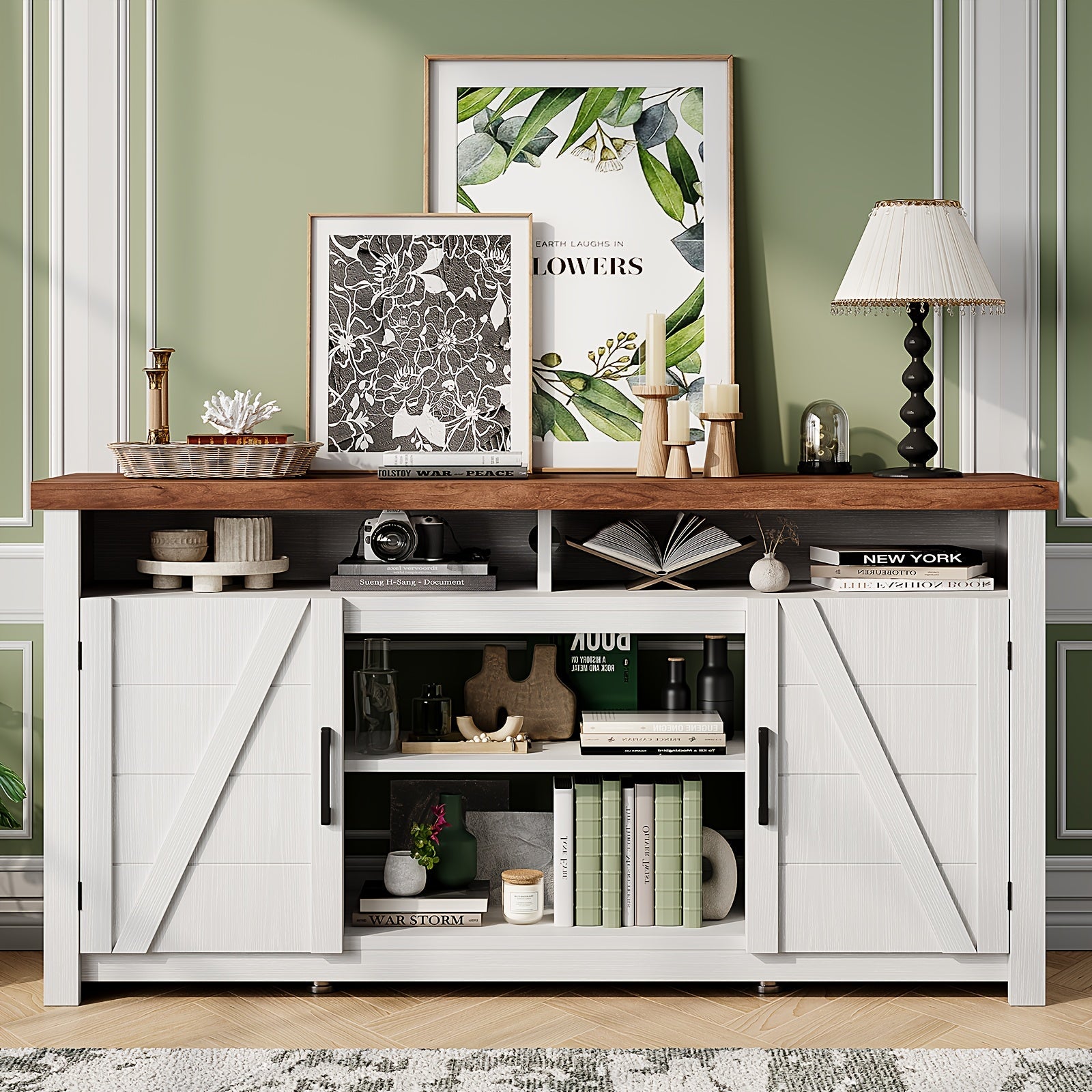 Rustic Farmhouse Highboy TV Stand with 58cm Electric Fireplace - Antique White Fits Up to 70’’ TVs Spacious Media