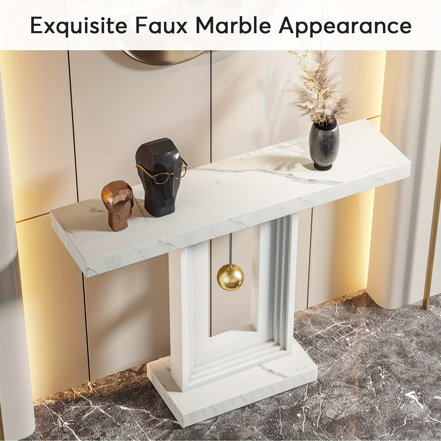 Modern Console Table with Pendulum Shape Base, 40 Inches Narrow Sofa Entryway Table Behind The Couch, Contemporary Wood Accent Table for Living Room, Hallway, Entrance, Faux Marble White, Christmas Gifts