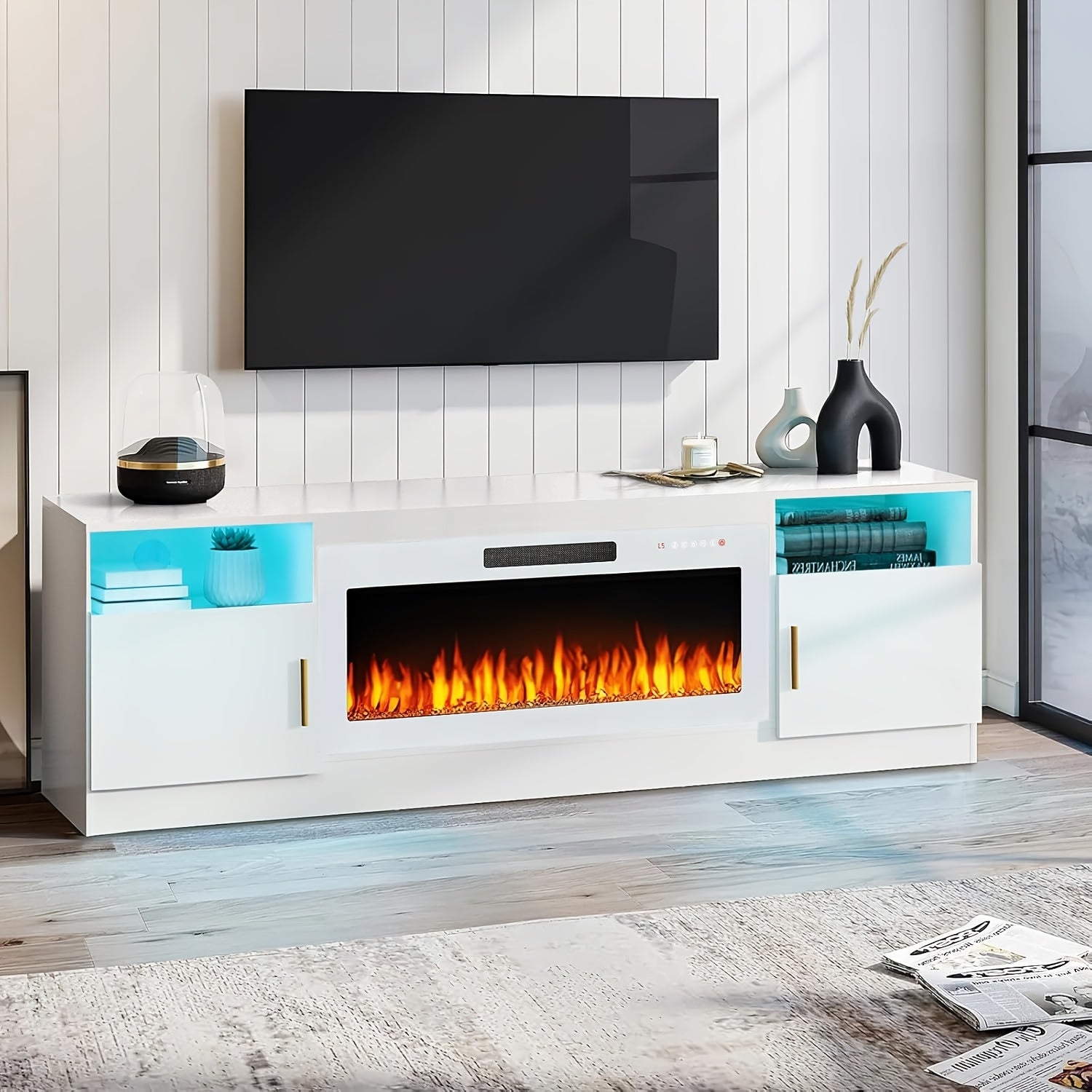 Modern 70" Entertainment Center with 36" Electric Fireplace - White TV Stand for Up to 80" TVs, LED Light Feature, Spacious Storage, US Plug, Ideal for Contemporary Living Room, TV Stand, Fireplace TV Stand