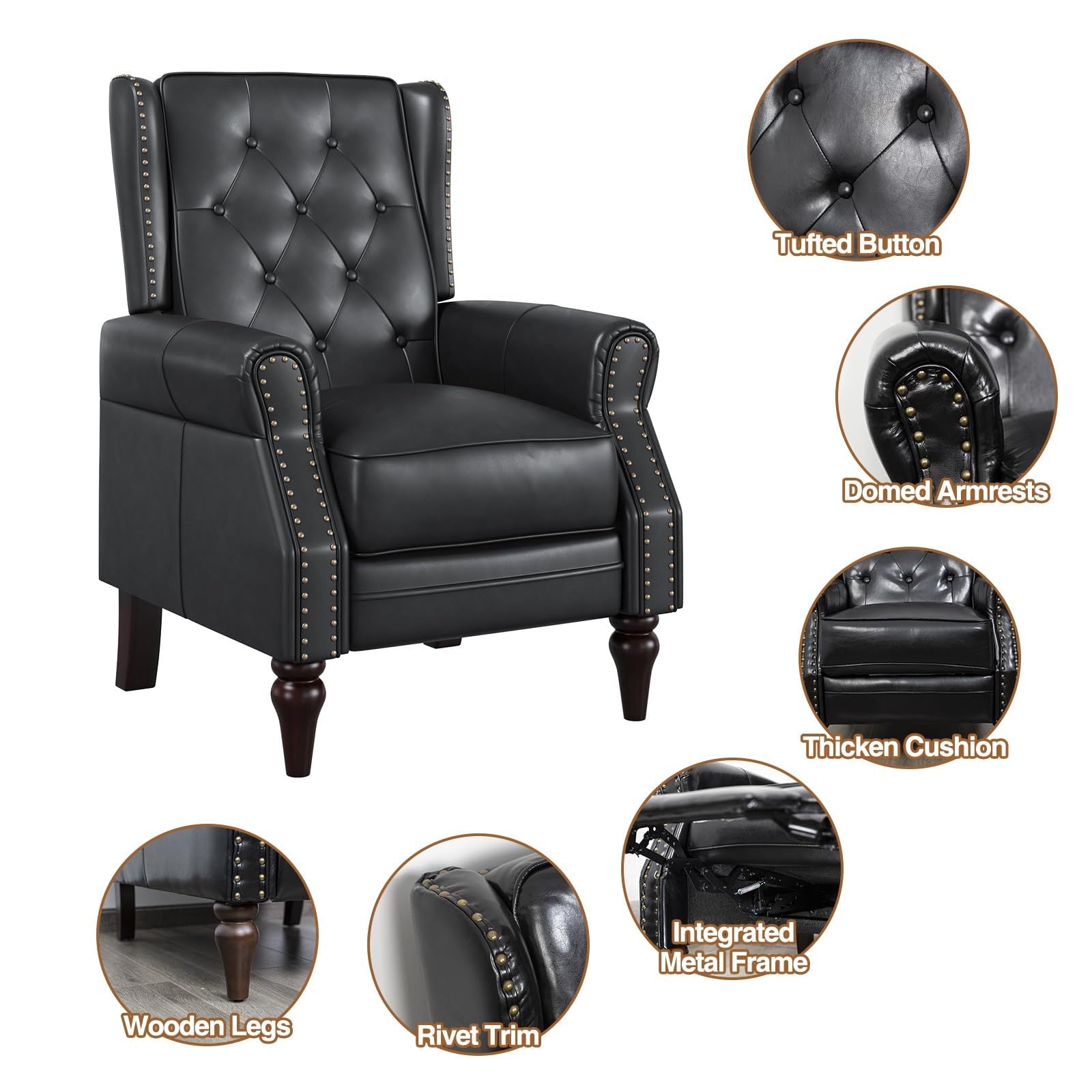 Faux Leather Recliner, Single Sofa Chair with Riveted Inlay and Tufted Buttons, Adjustable Back Armchair, Lazy Club Chair with Wooden Legs, Black