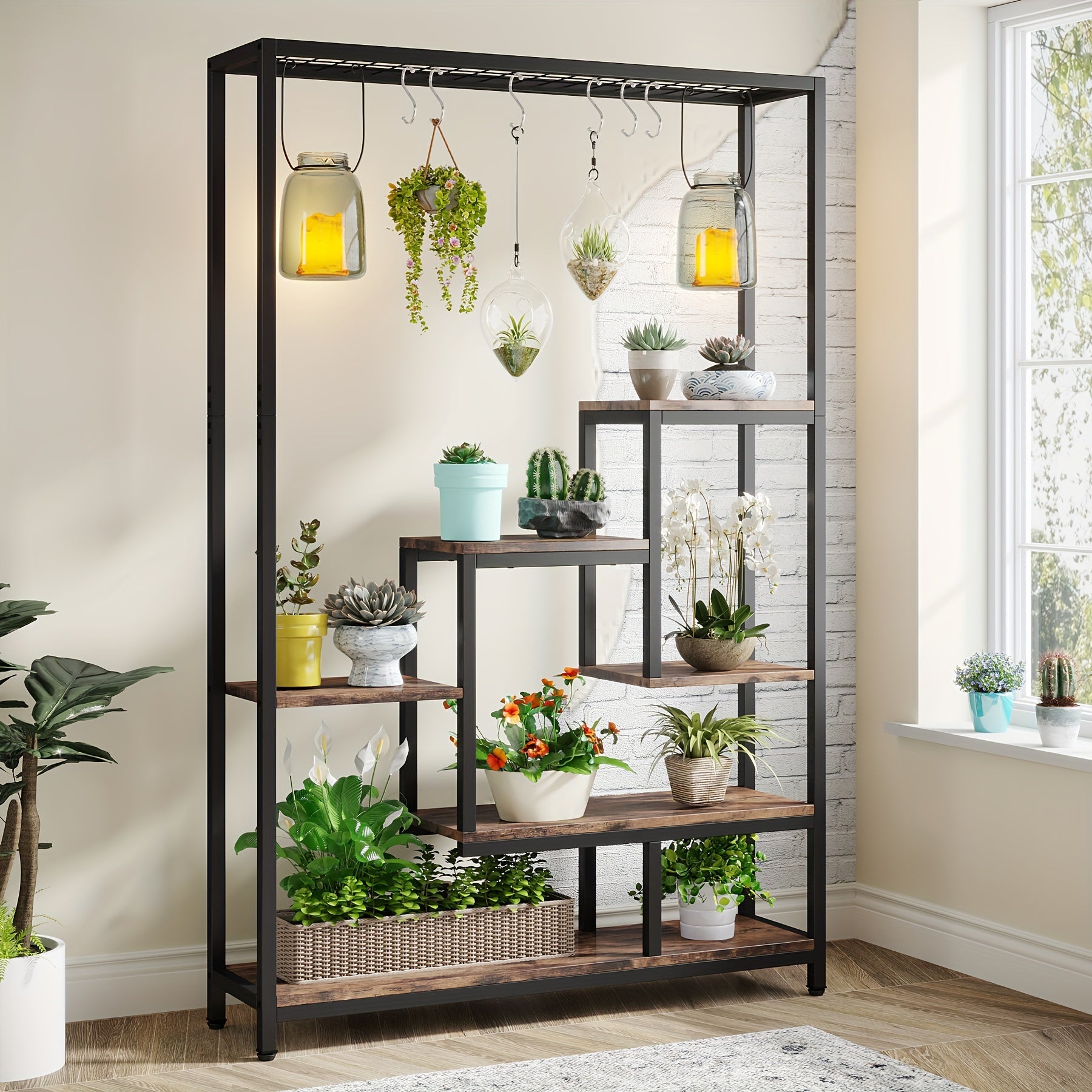 Indoor 70.9-Inch Tall Indoor Plant Stand, 5-Tier Large Metal Plant Shelf with 6PC S Hanging Hooks, Multi-Purpose Flower Bonsai Pots Display Rack for Garden, Balcony, Living Room