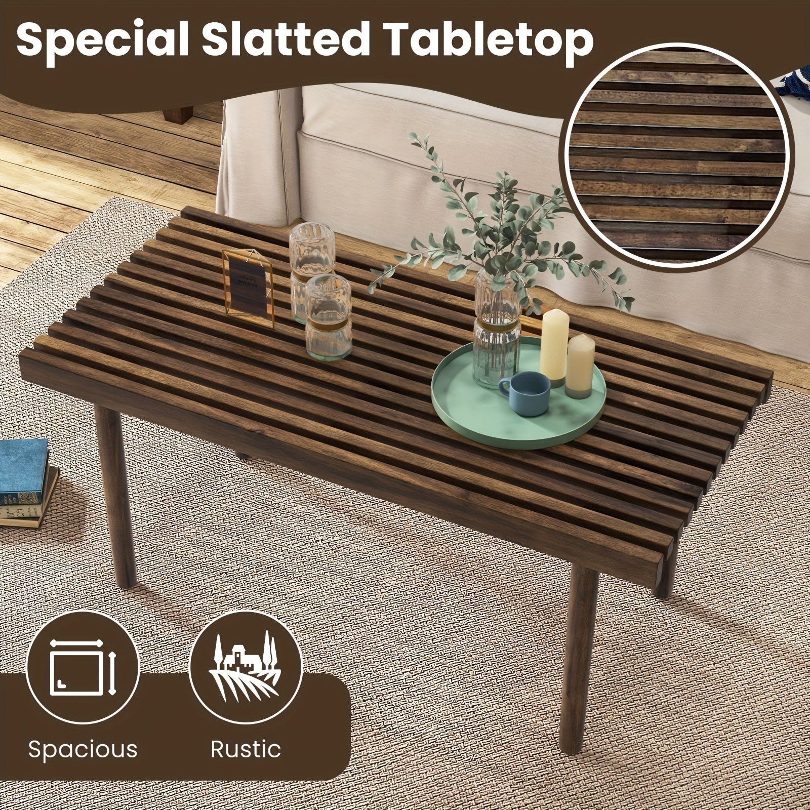 1pc 40 Inch Coffee Table, Wood Rectangle Cocktail Tea Table, Slatted Tabletop, Brown