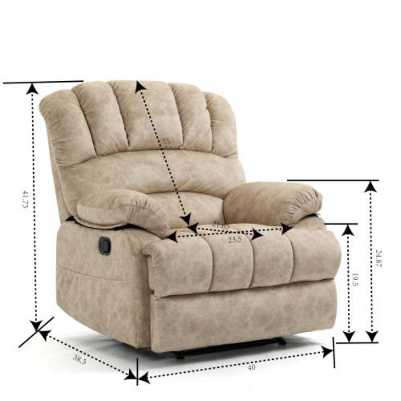 Luxurious Beige Fabric Recliner Chair with Padded Headrest and Side Pockets - Sturdy Metal Frame, Manual Adjustment, Ideal for Living Room Comfort, Chair Cushion