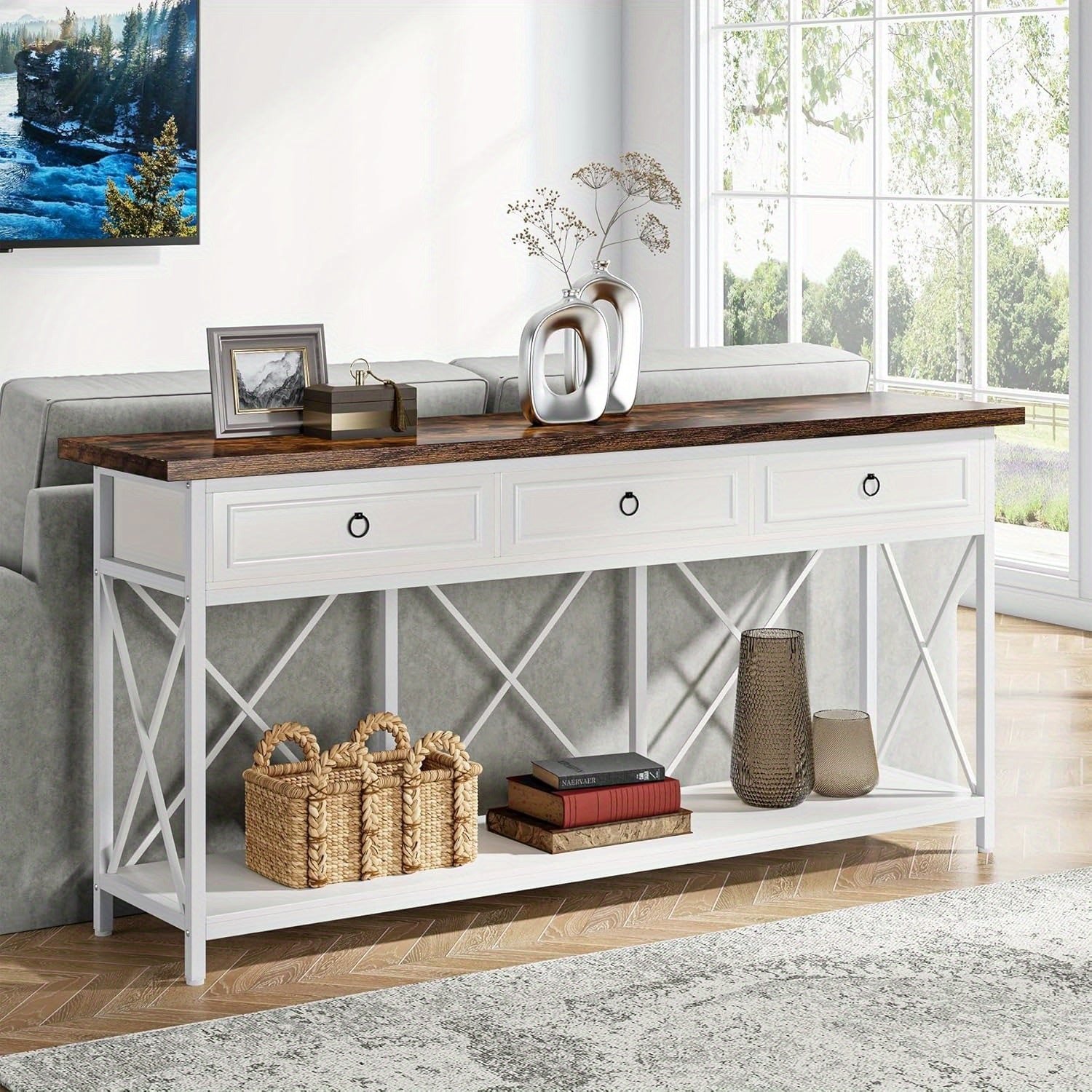 Farmhouse Entryway Table with Storage Shelf, Console Table with 3 Drawers, Narrow Long Sofa Foyer Table for Entryway, Hallway