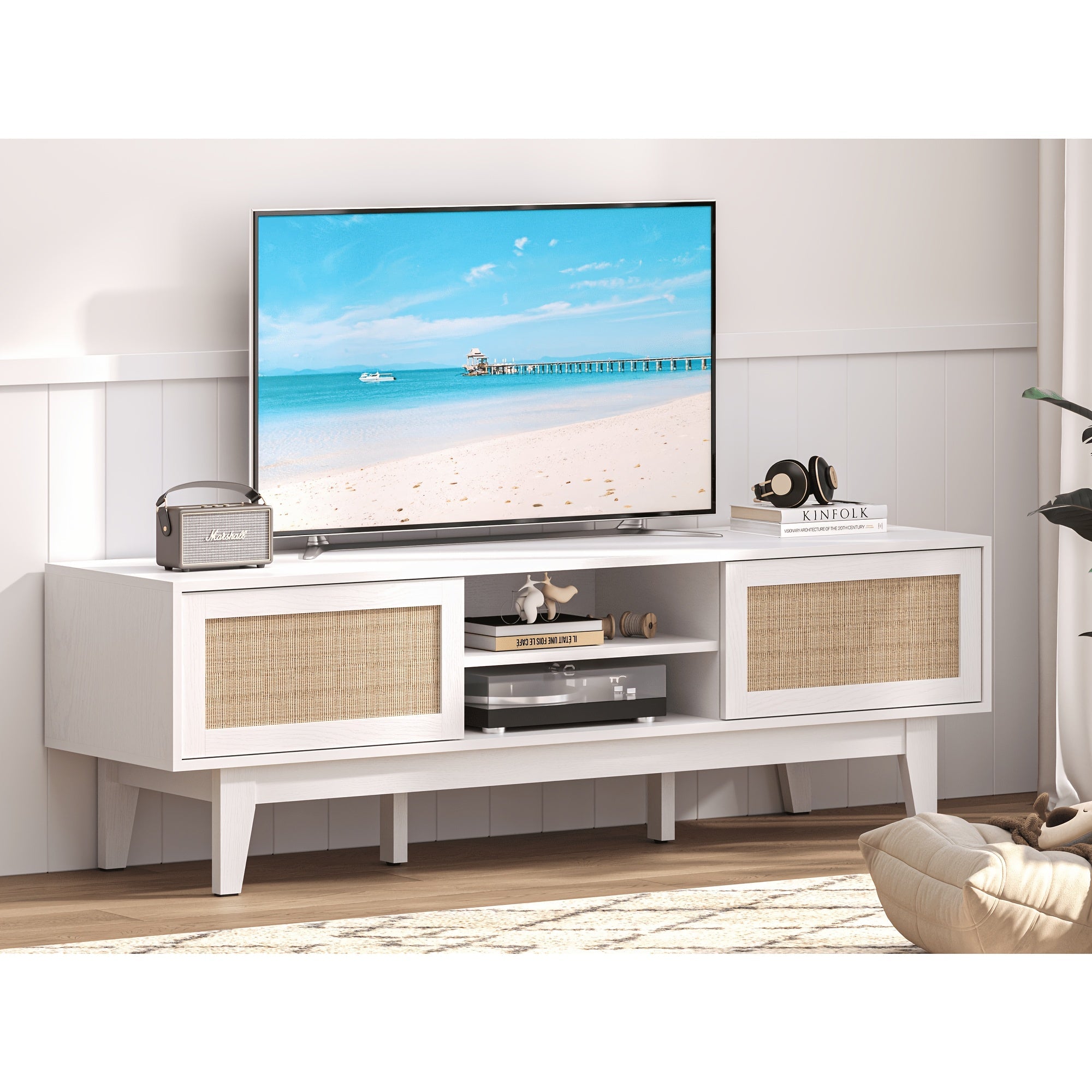 Rattan TV Stand 40-65 Inch for Living Room, Boho Entertainment Center with 2 Storage Cabinets Television Stands for Bedroom with Sliding Doors Rattan TV Console with Storage