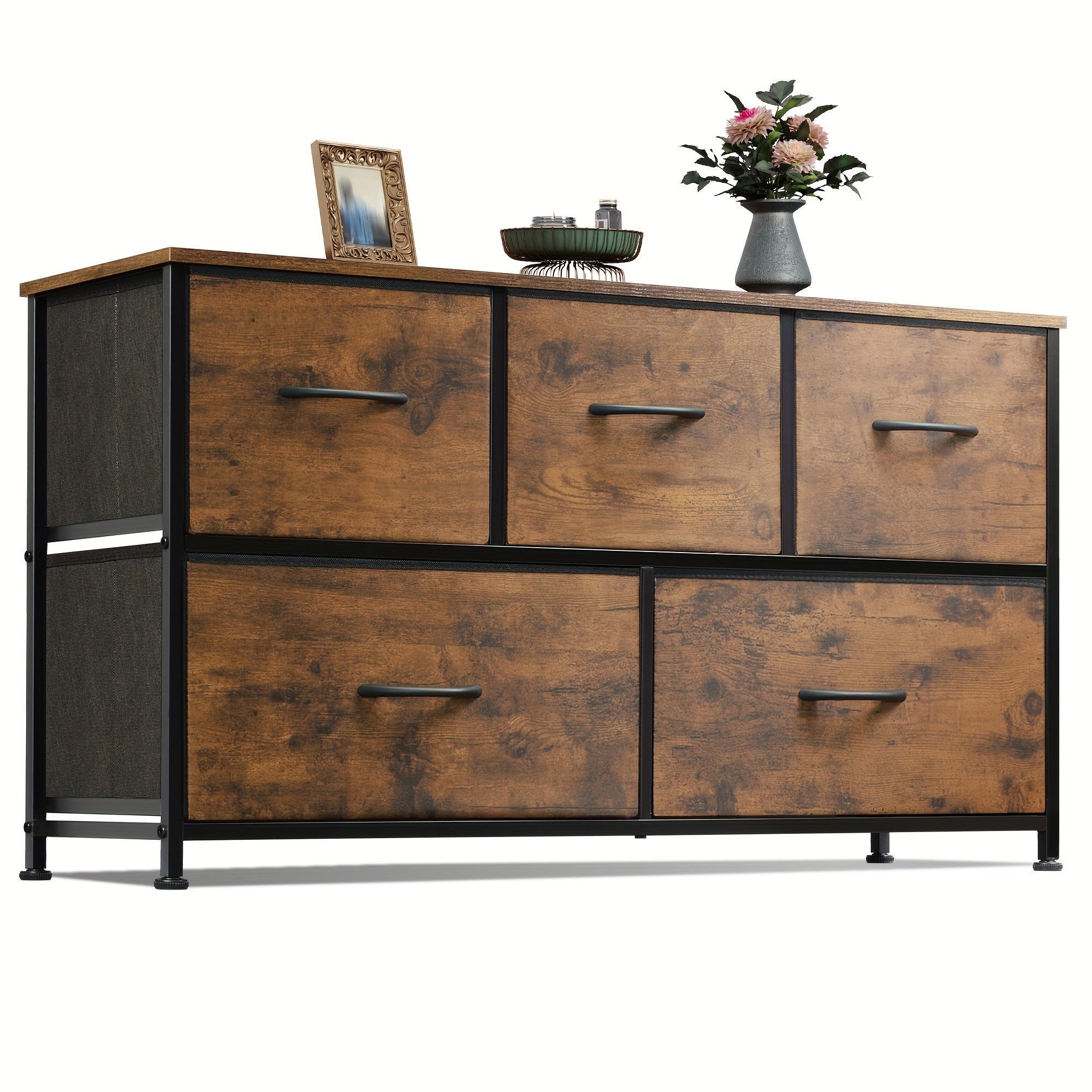 Dresser for Bedroom with 5 Drawers Wide Chest of Drawers Fabric Dresser Storage Organizer Unit with Fabric Bins