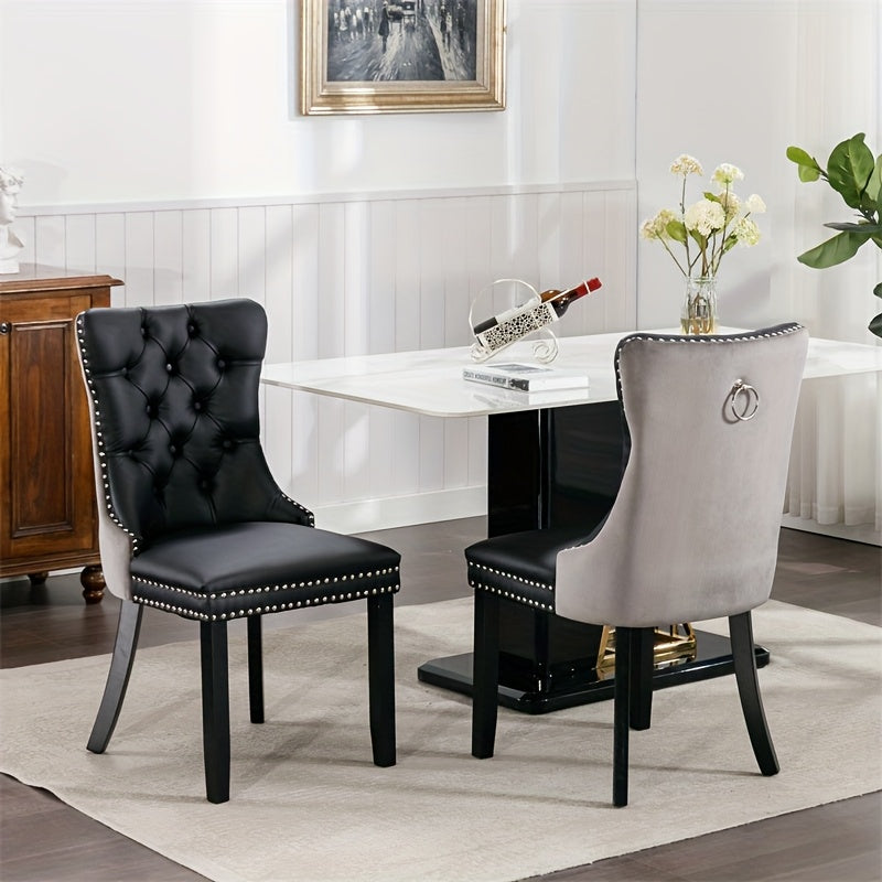 Modern Plush Dining Chair - Two Piece Set, Black And Grey Velvet/PU Wooden Legs, A&A Furniture Nikki Collection