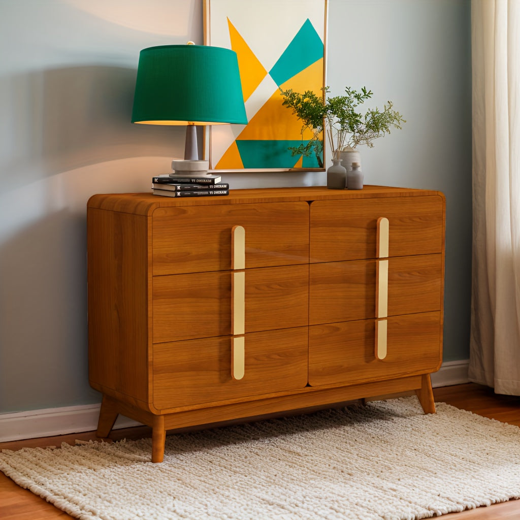 Mid Century Modern Dresser, 5, 6 Drawer Dresser With Storage, Chest Of Drawers With Metal Handle, Dresser TV Stand, Large Wood Drawer Organizer For Bedroom, Living Room, Hallway, Cherry