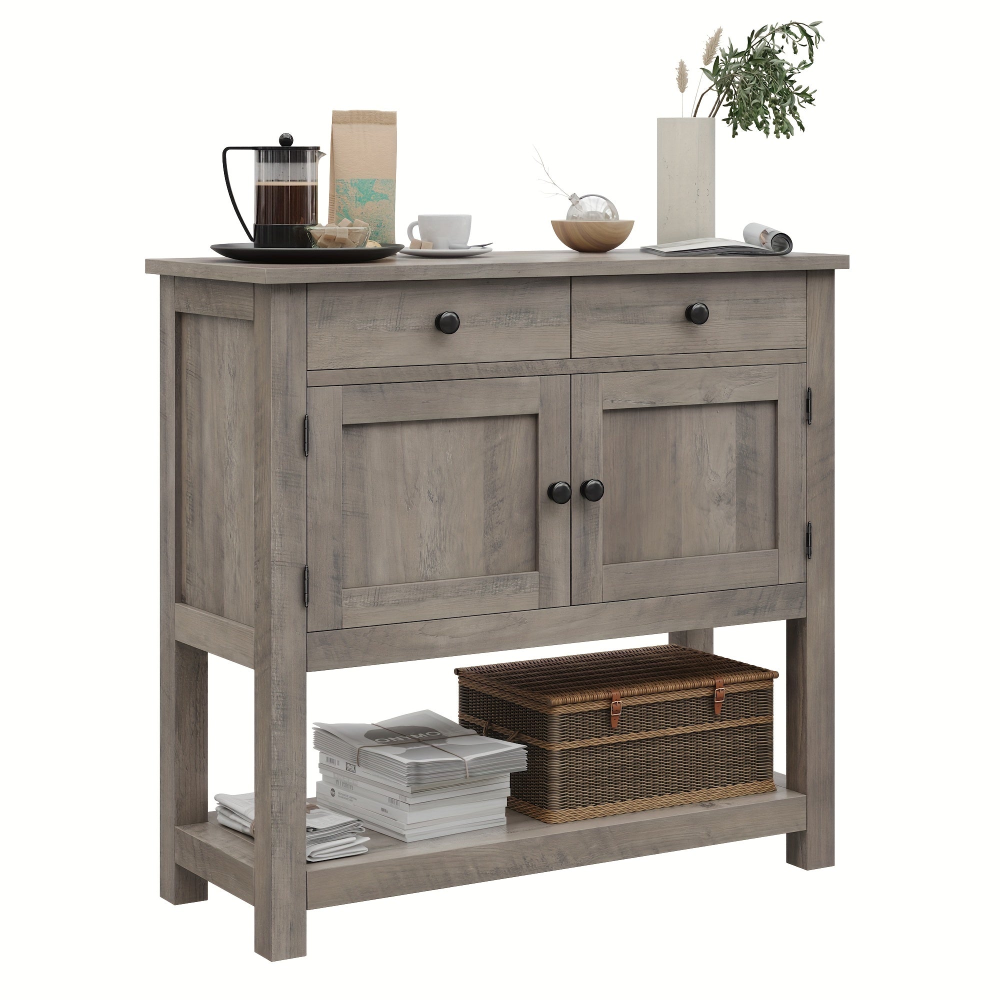 Farmhouse Console Table with 2-Door Cabinet & 2 Drawers, Coffee Bar, Entryway Table with Storage Shelf, Sofa Table Buffet Sideboard for Kitchen, Hallway, Entry Way, Dining, Living Room, Ash Gray, Rustic Brown, White +