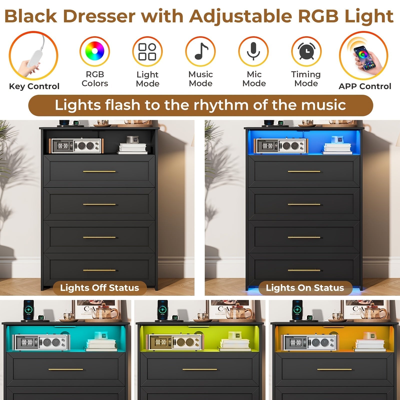 Vanity Dresser 101cm Tall Wood Chest Of Drawers 4 Drawers Dresser For Bedroom With Metal Handle Black Storage Dresser