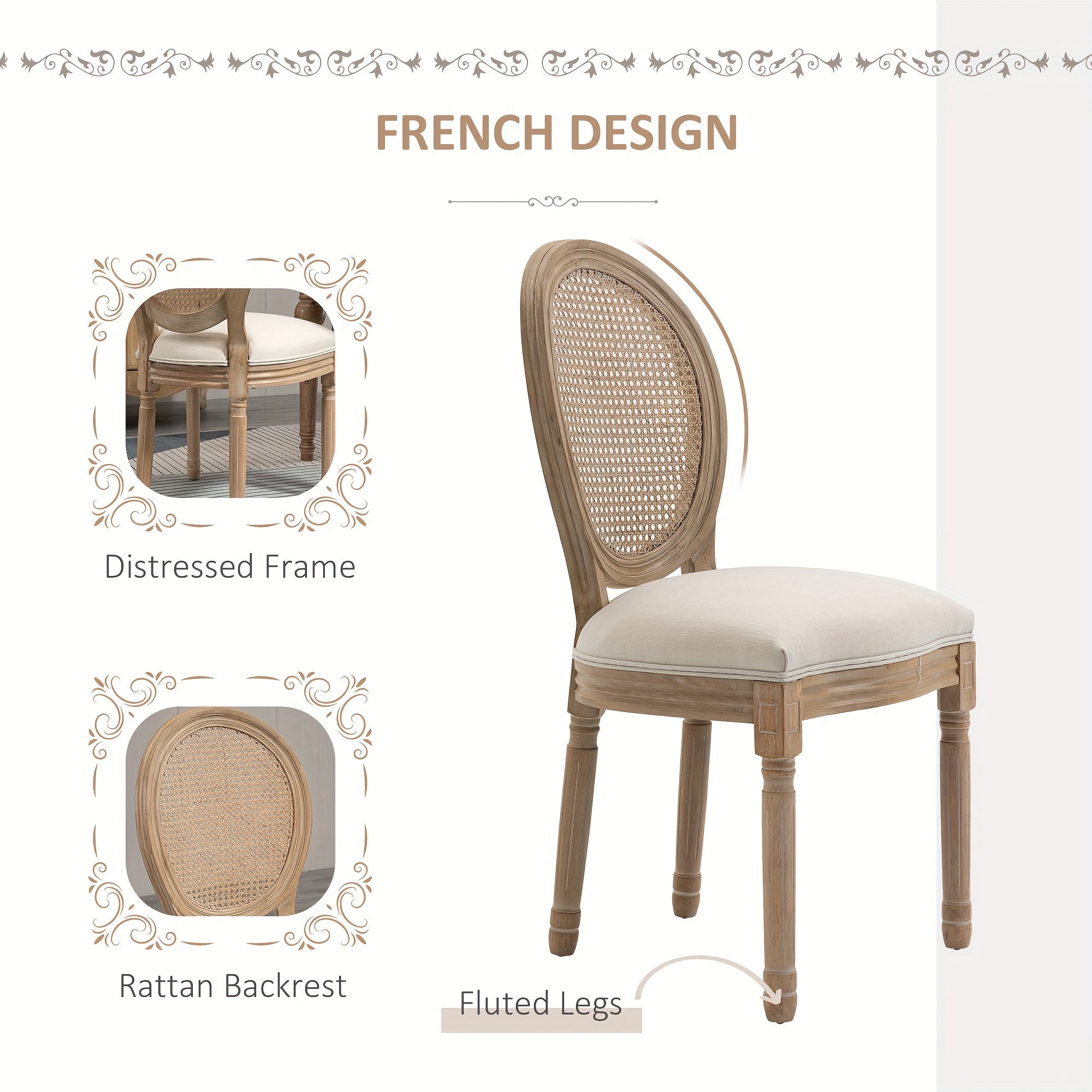 French-Style Upholstered Dining Chair Set, Armless Accent Side Chairs with Rattan Backrest and Linen-Touch Upholstery, Set of 2, Cream White